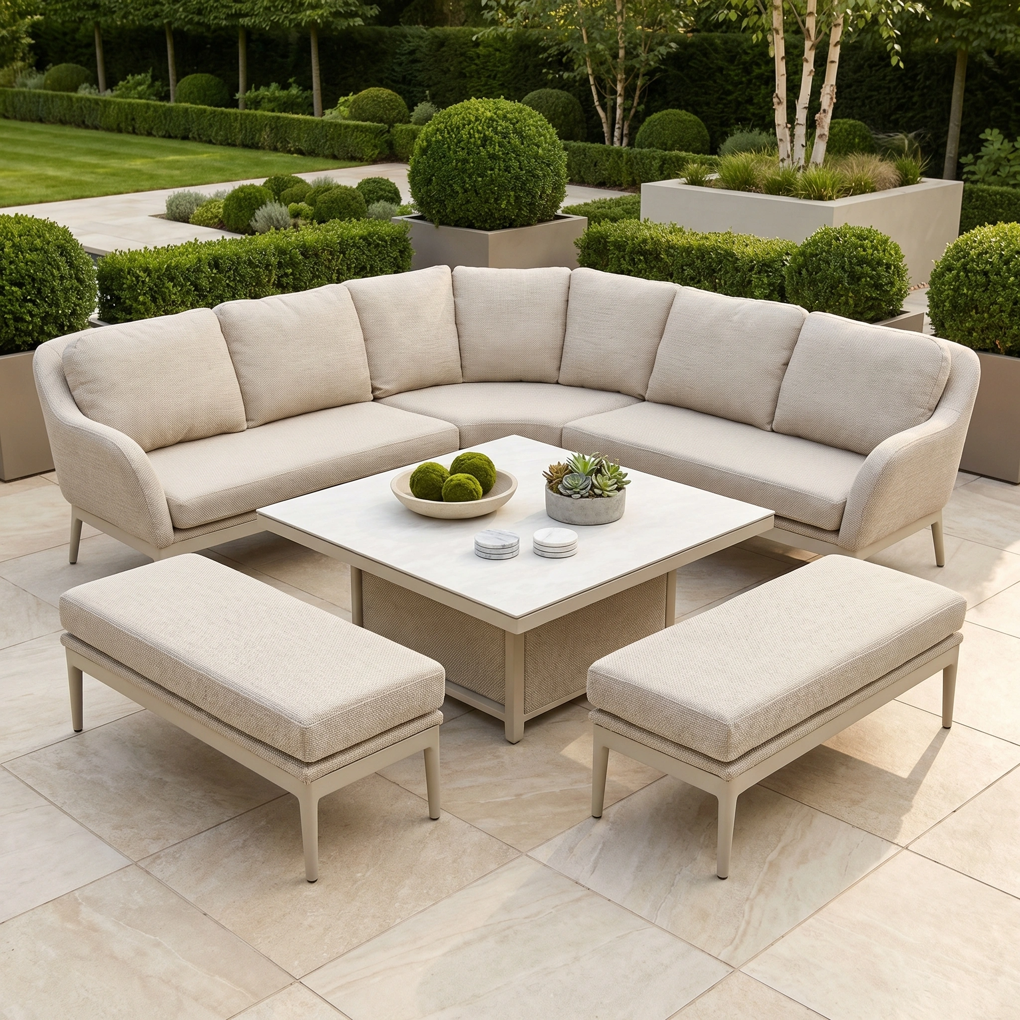 The Luna Deluxe Outdoor Fabric Square Corner Dining Set with Rising Table in Fawn features a stylish sofa, benches, and a rising table on a tiled patio amid lush greenery and potted plants.