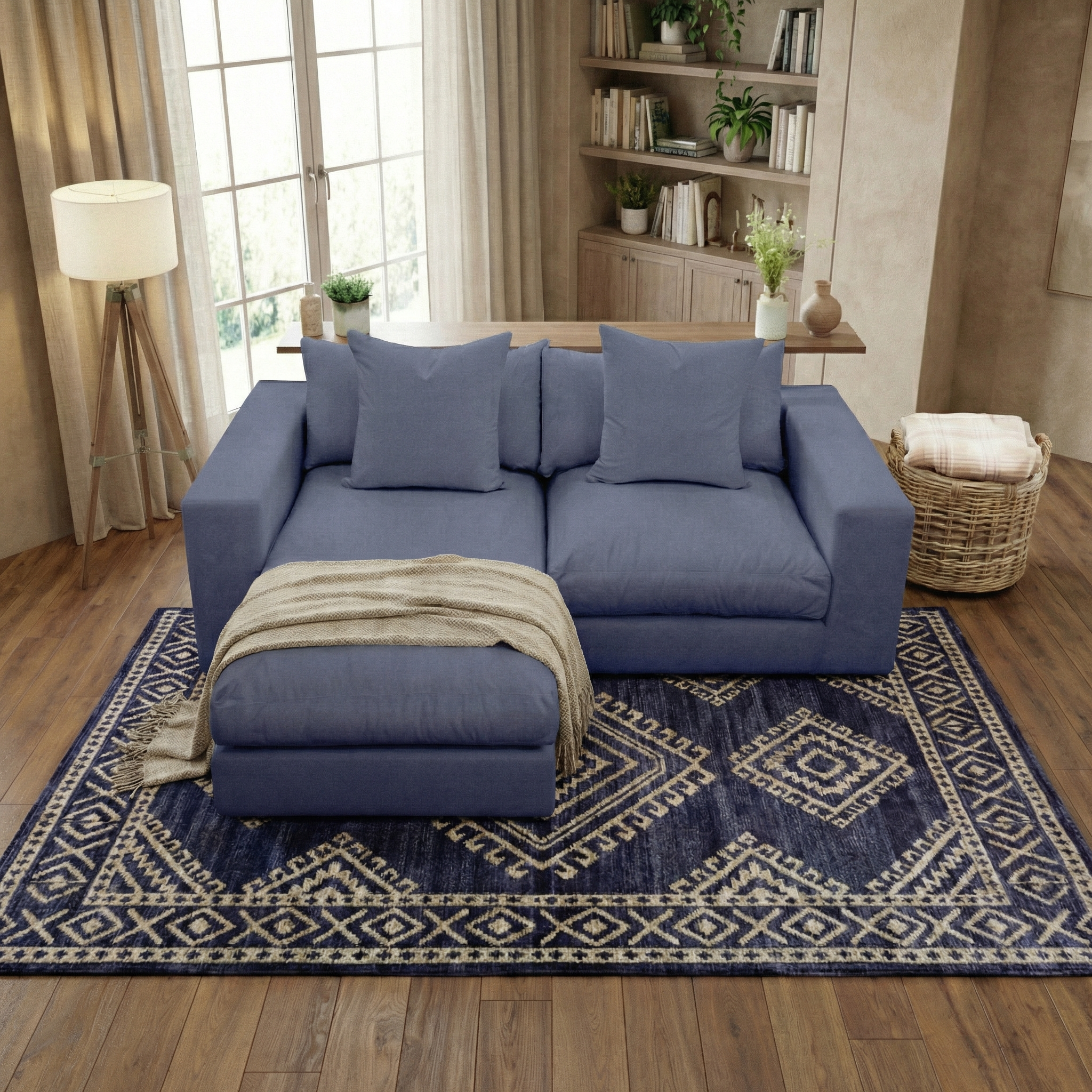 The Hampshire Modular 2 Seat Sofa in Midnight Blue, featuring duck feather and down cushions and a matching ottoman, sits on a patterned rug in a cozy living room with shelves and a large window.