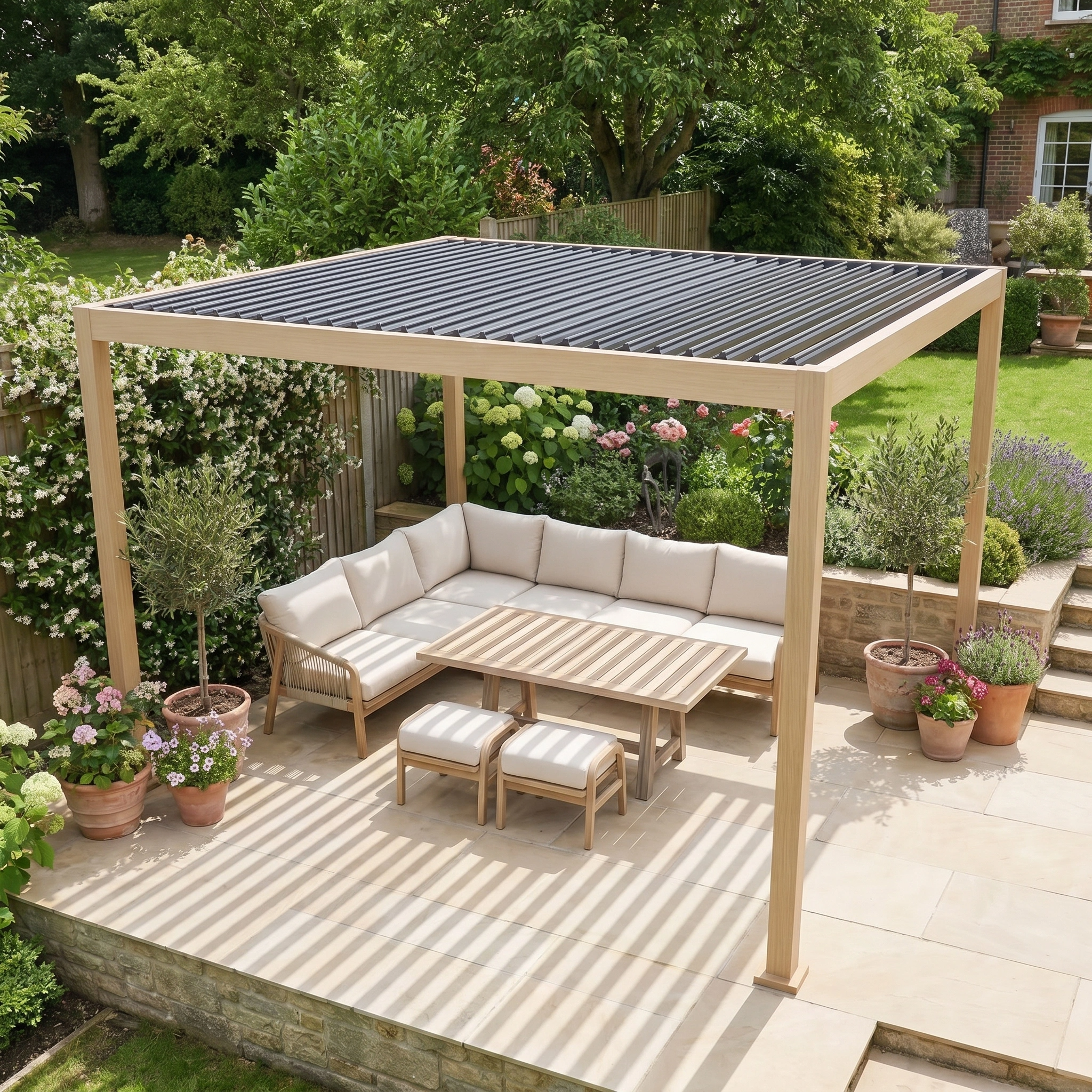 The PergoSTET Lite Neo 3m x 4m Metal Rectangular Pergola with Wood Effect features tilting steel louvres and a slatted roof, creating a stylish shelter over cushioned outdoor seating, surrounded by potted plants.