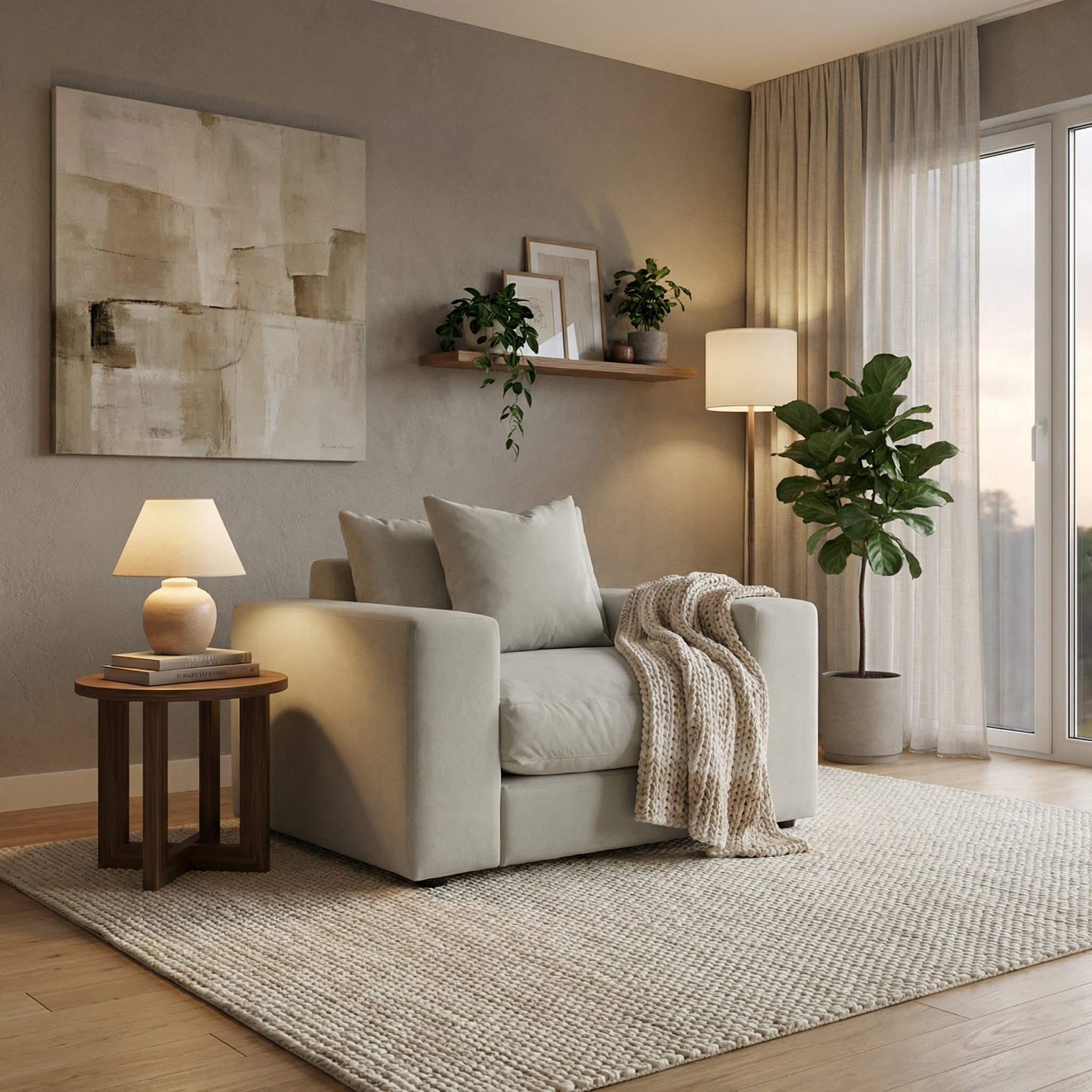 A cozy living room with the Hampshire Modular Armchair in Classic Grey, duck feather and down cushions, a knit blanket, side table, lamp, plants, and abstract wall art—perfect handmade comfort from England.