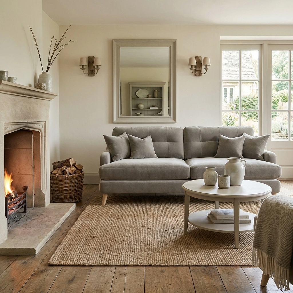 a living room with a fireplace and a couch