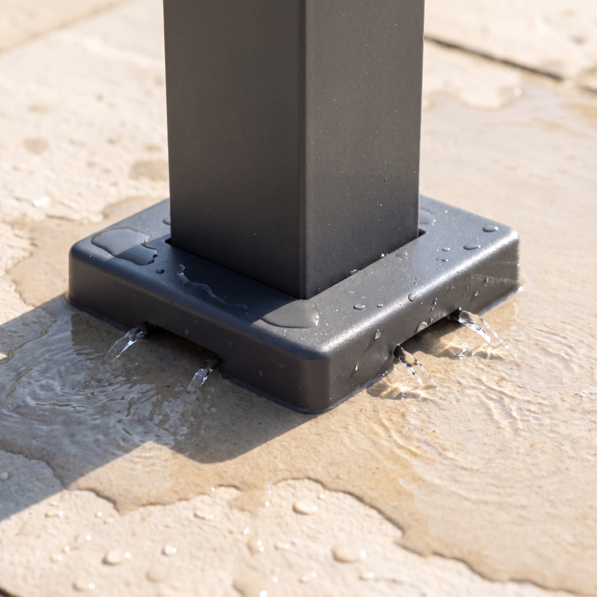 Water flows from holes in the base of a square metal post, part of the PergoSTET Lite 2.4m x 3m Metal Rectangular Pergola in Grey, set on a wet stone surface.