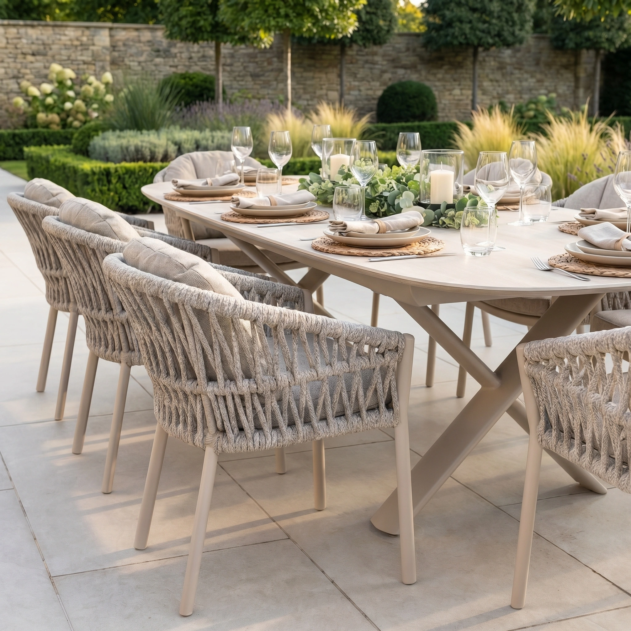 The Pello 8 Seat Oval Dining Set with Albatross Extending Table in Fawn features woven chairs, a stylish table setting, and a greenery centerpiece—perfect for durable, elegant outdoor gatherings.