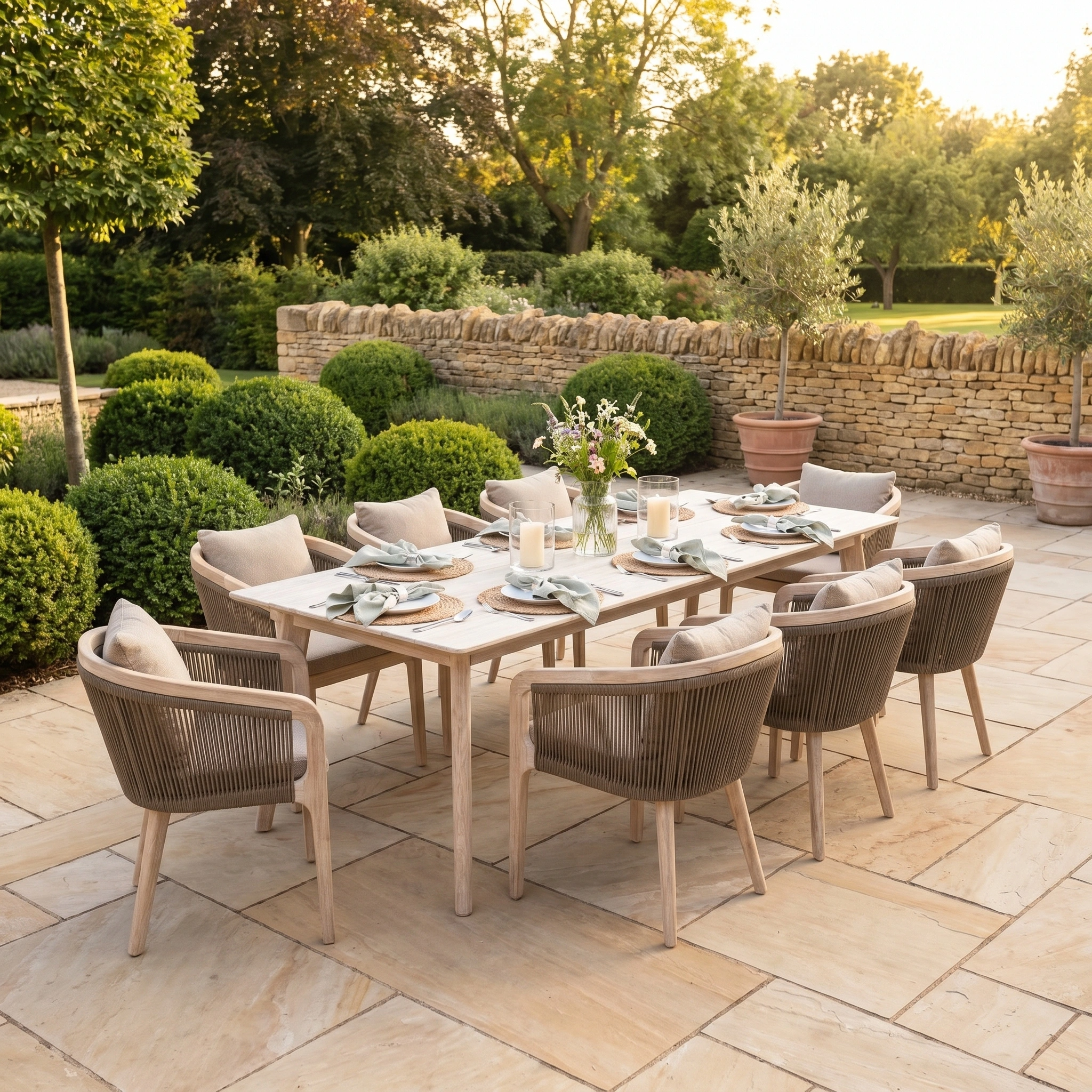 The Evora 8 Seat Rectangular Dining Set in Mocha, with a teak table and eight rope chairs, is set for dining on a stone patio bordered by greenery—ideal for stylish outdoor gatherings.