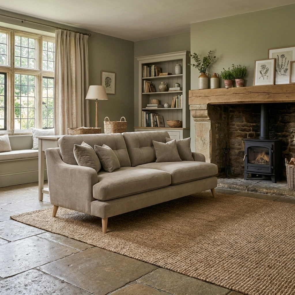 a living room with a fireplace and a couch