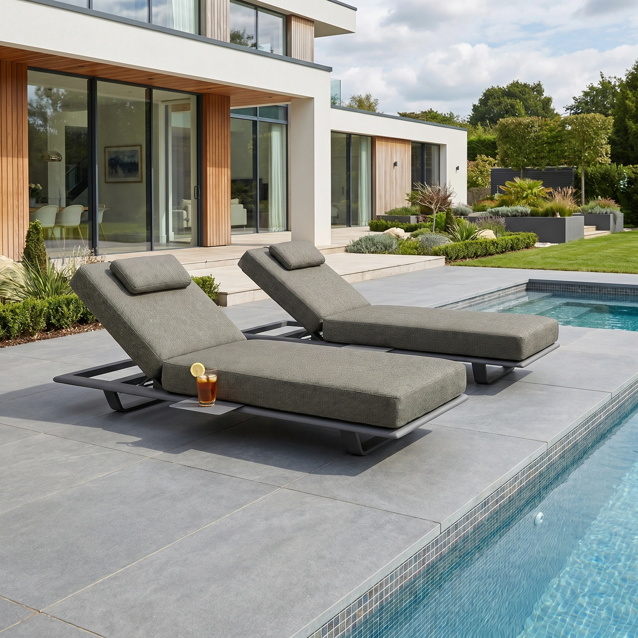 The Hatia Single Sun Lounger with Side Table in Charcoal offers stylish UV-resistant comfort by your modern pool—perfect for relaxing with a glass of iced tea at your side.