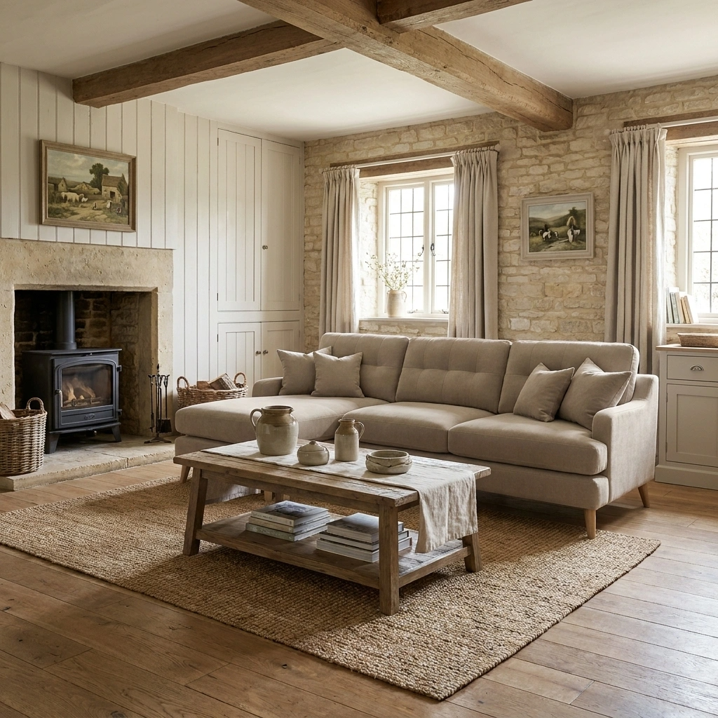 a living room with a couch and a fireplace