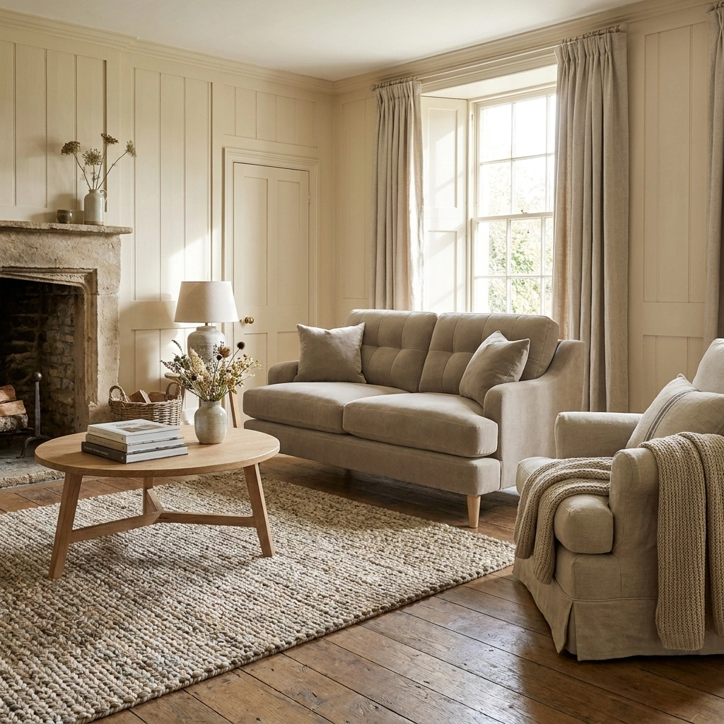 a living room with a fireplace and couches