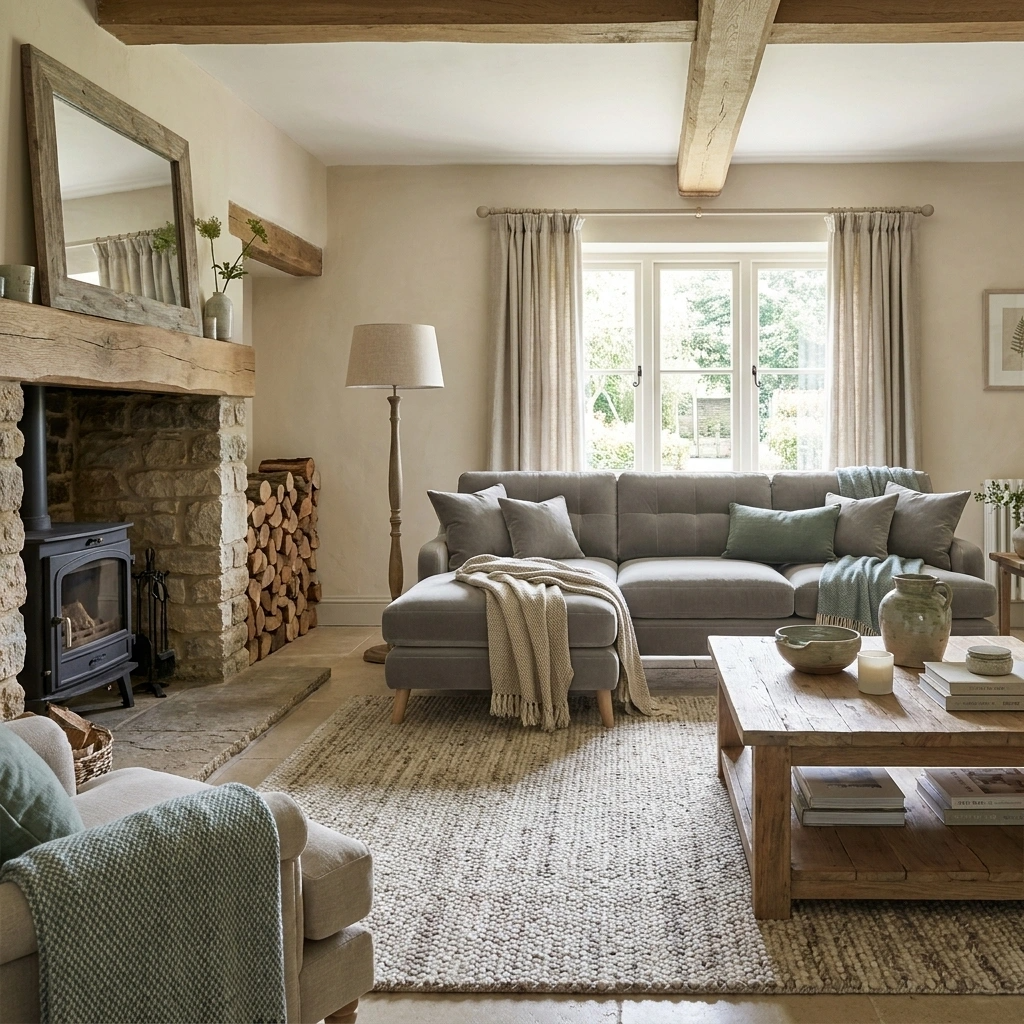 a living room with a fireplace and couches