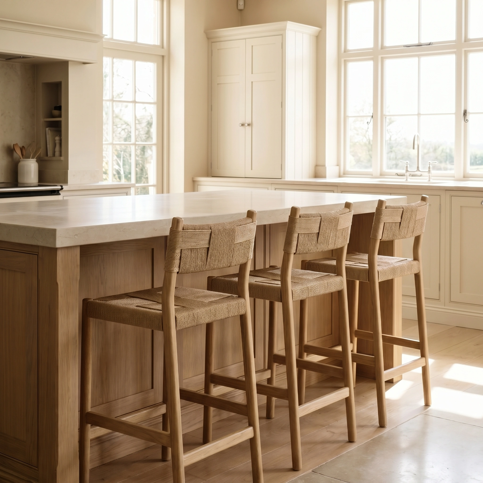 Bright kitchen with a wooden island, large windows, and cream cabinets, featuring three Marlow Woven Bar Stools in Light Oak with Danish cord seats for an elegant touch.