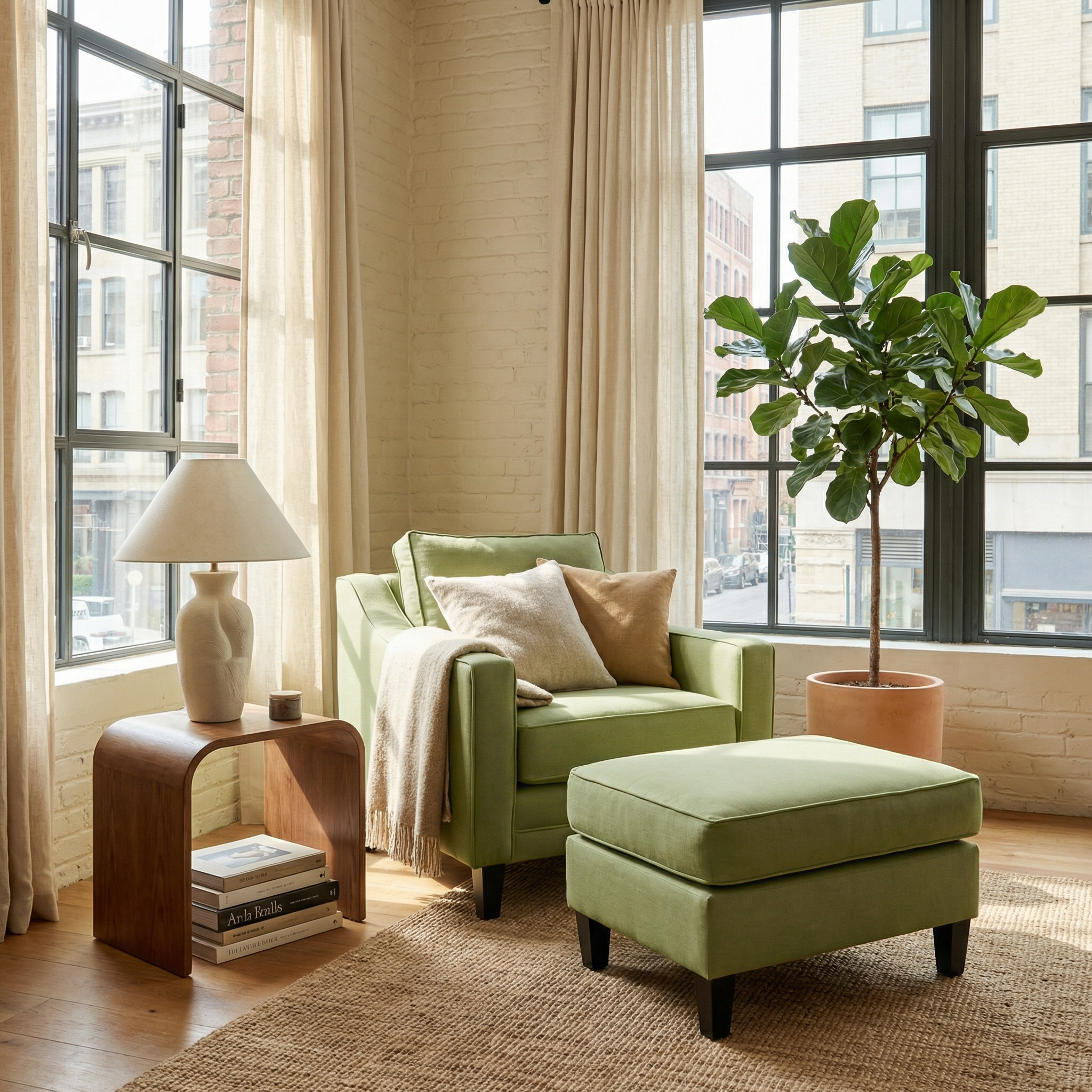 Cozy living room with a green armchair, Wiltshire Footstool in Olive, side table, potted plant, and large windows with beige curtains.