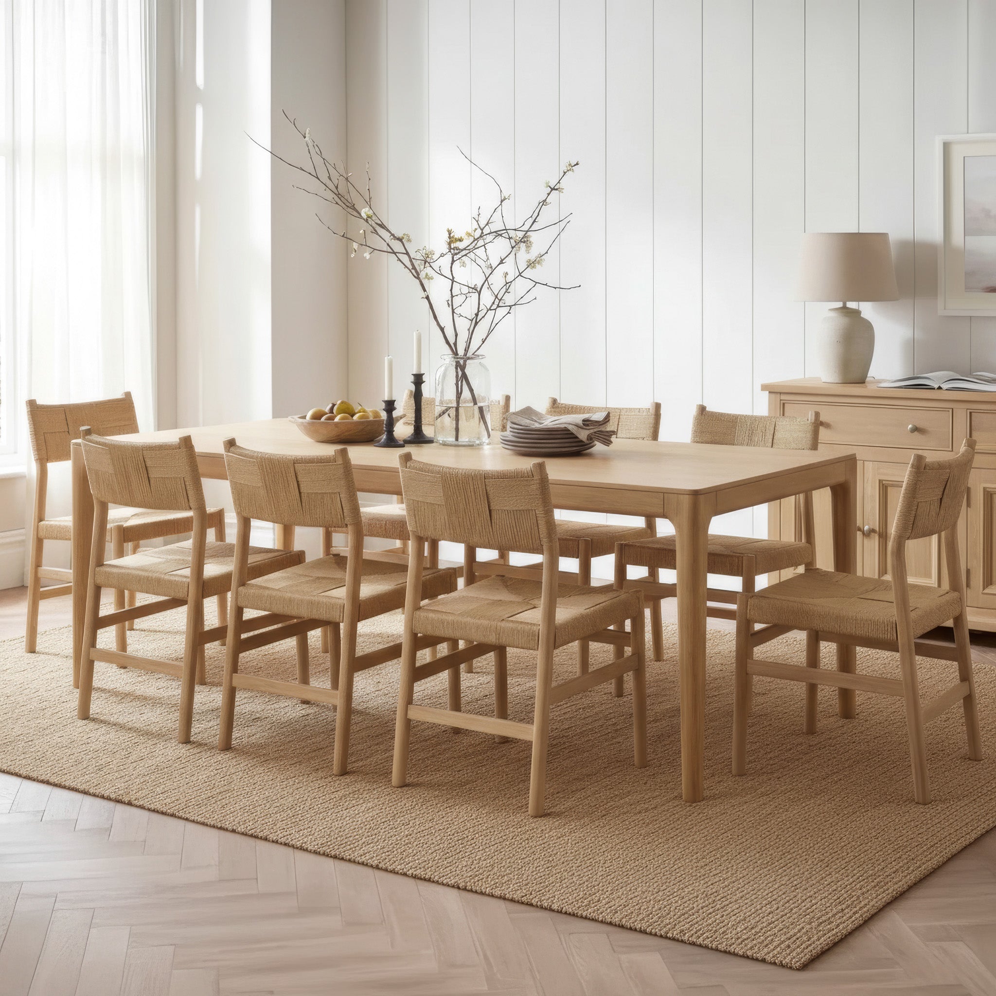 A bright dining room features the Marlow 8 Seat Dining Set in Light Oak and minimal natural decor on a woven rug.