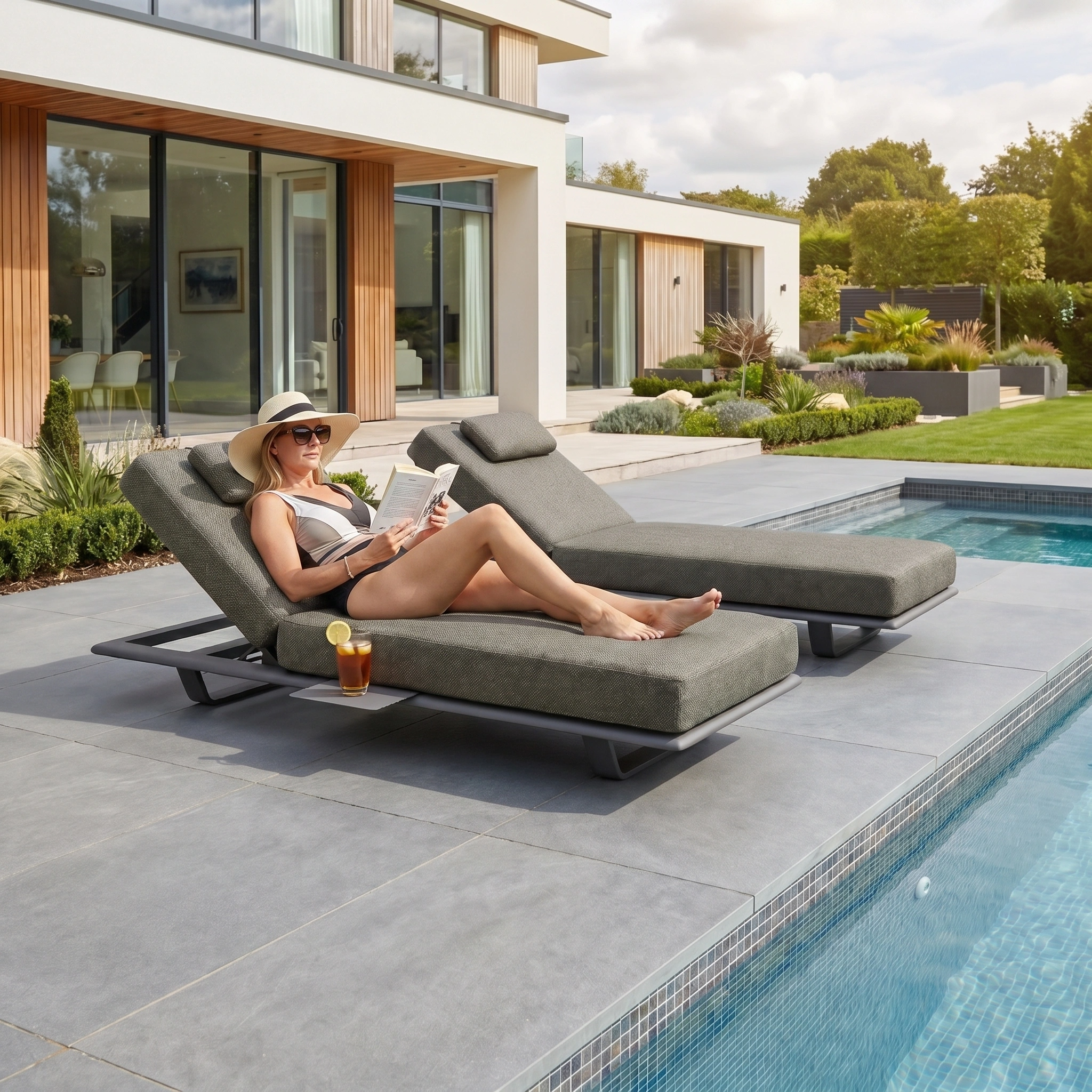 A woman relaxes by the pool with a drink and a book on the Hatia Single Sun Lounger with Side Table in Charcoal, outside a modern house.