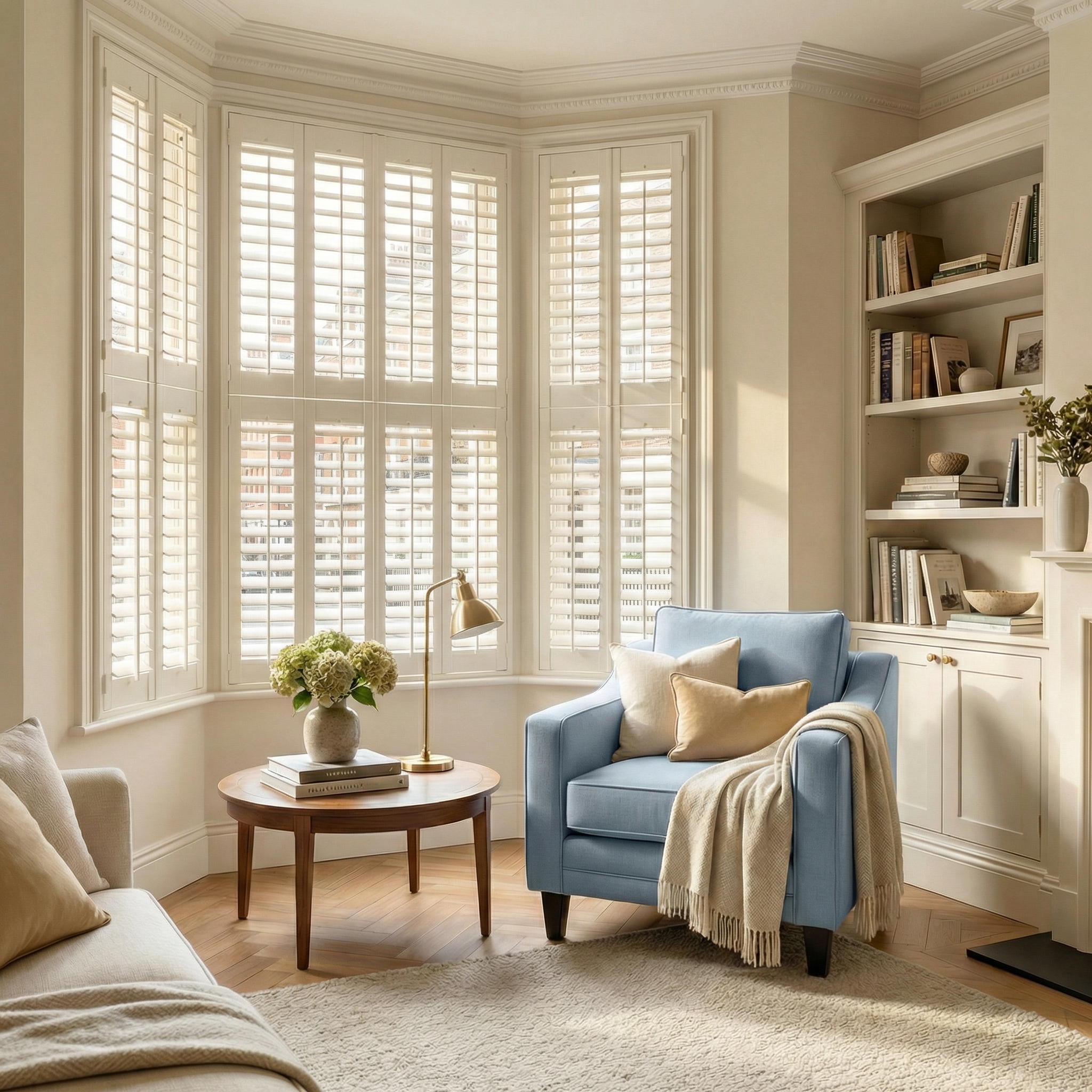 Bright living room with bay windows, a Wiltshire Armchair in Sky Blue handmade in England, round table, bookshelves, and neutral decor.