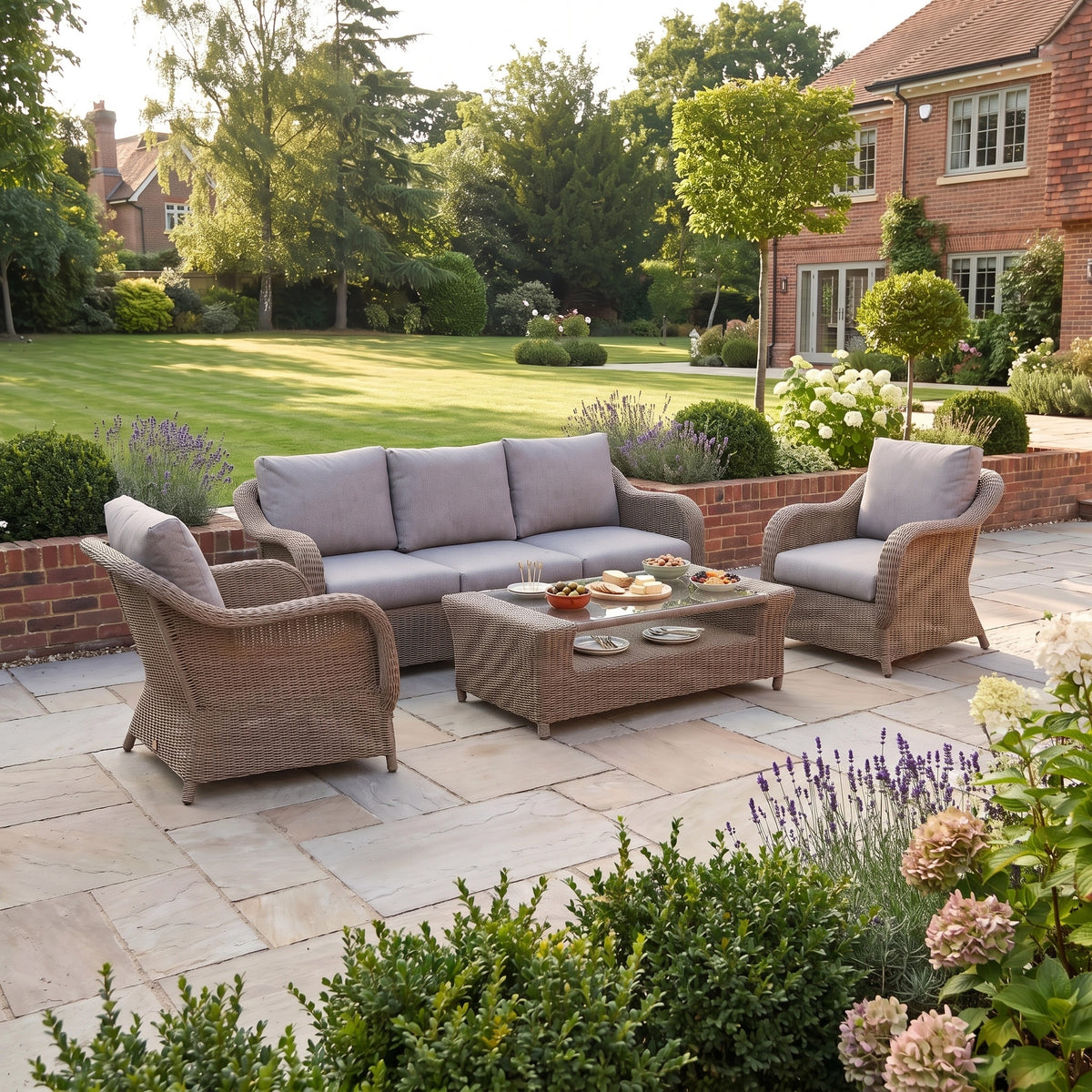 a patio with a couch and a table