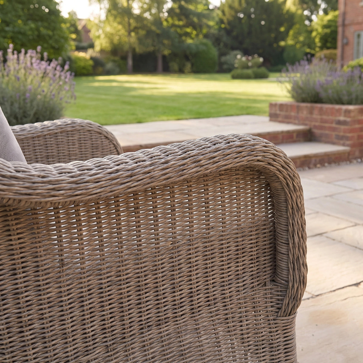 a wicker chair on a patio