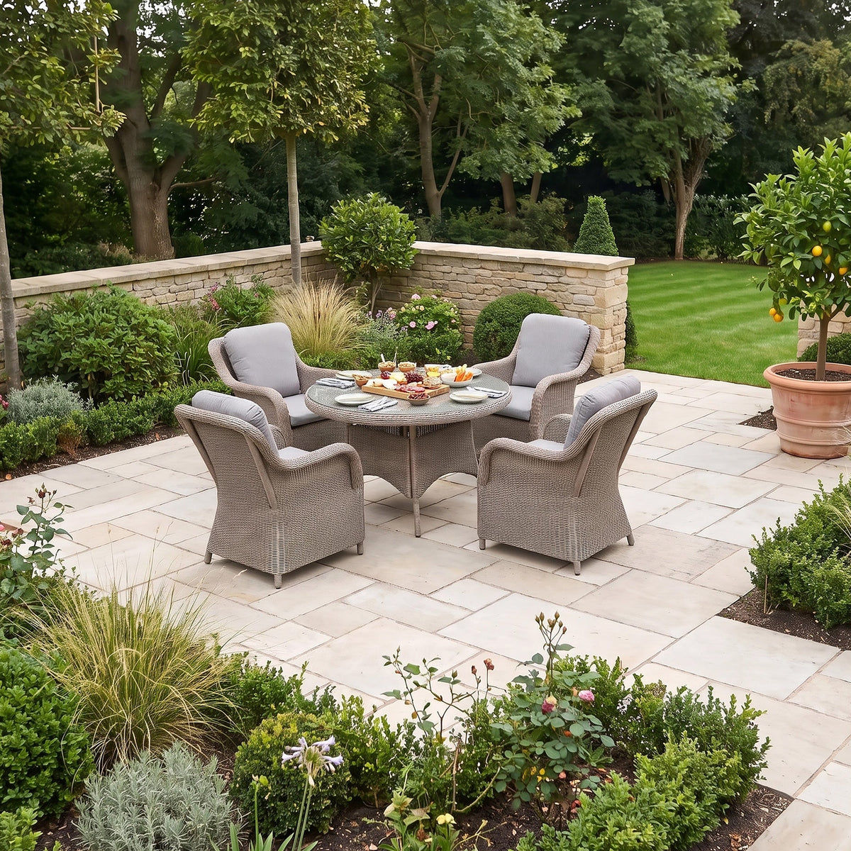a patio with a table and chairs
