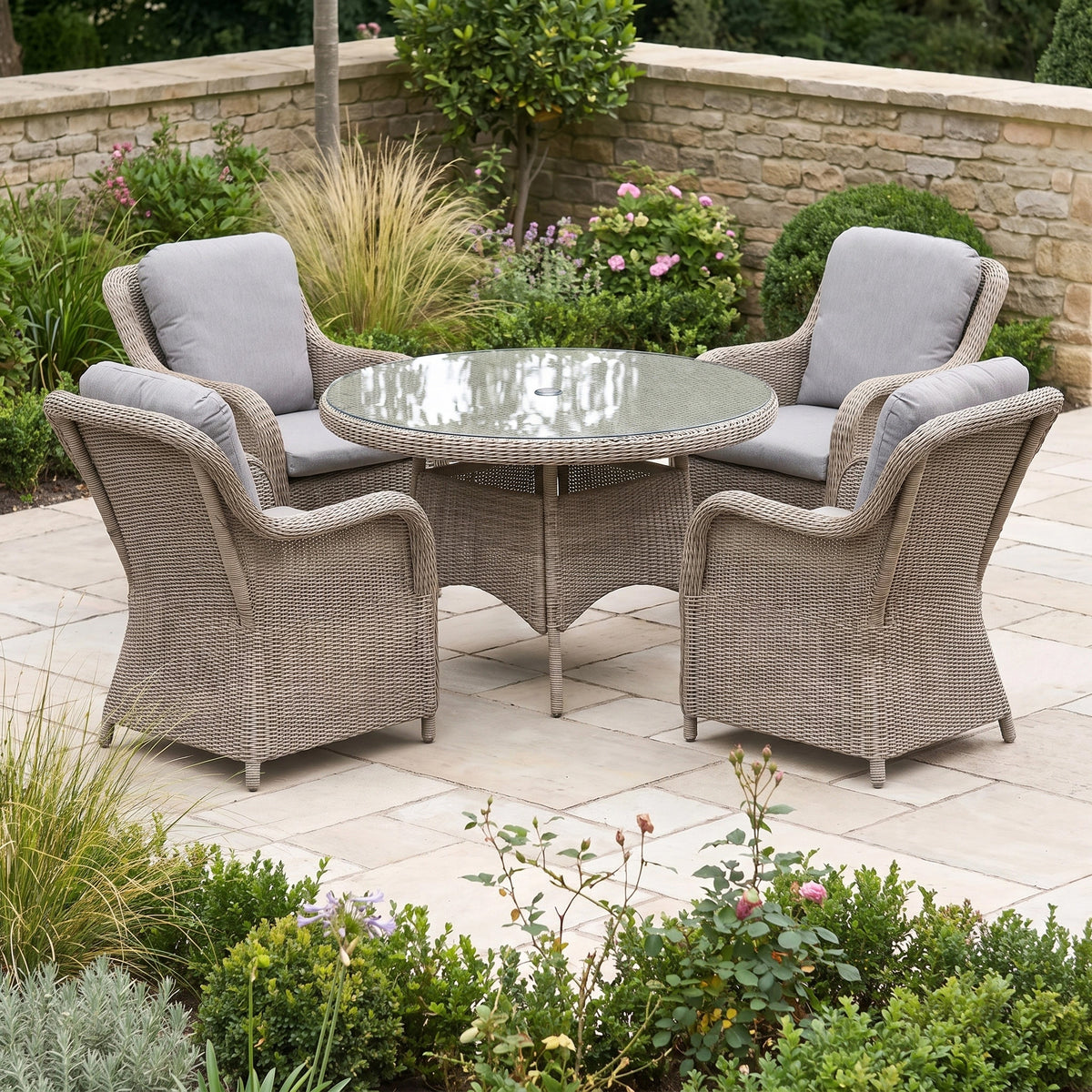 a patio with a table and chairs