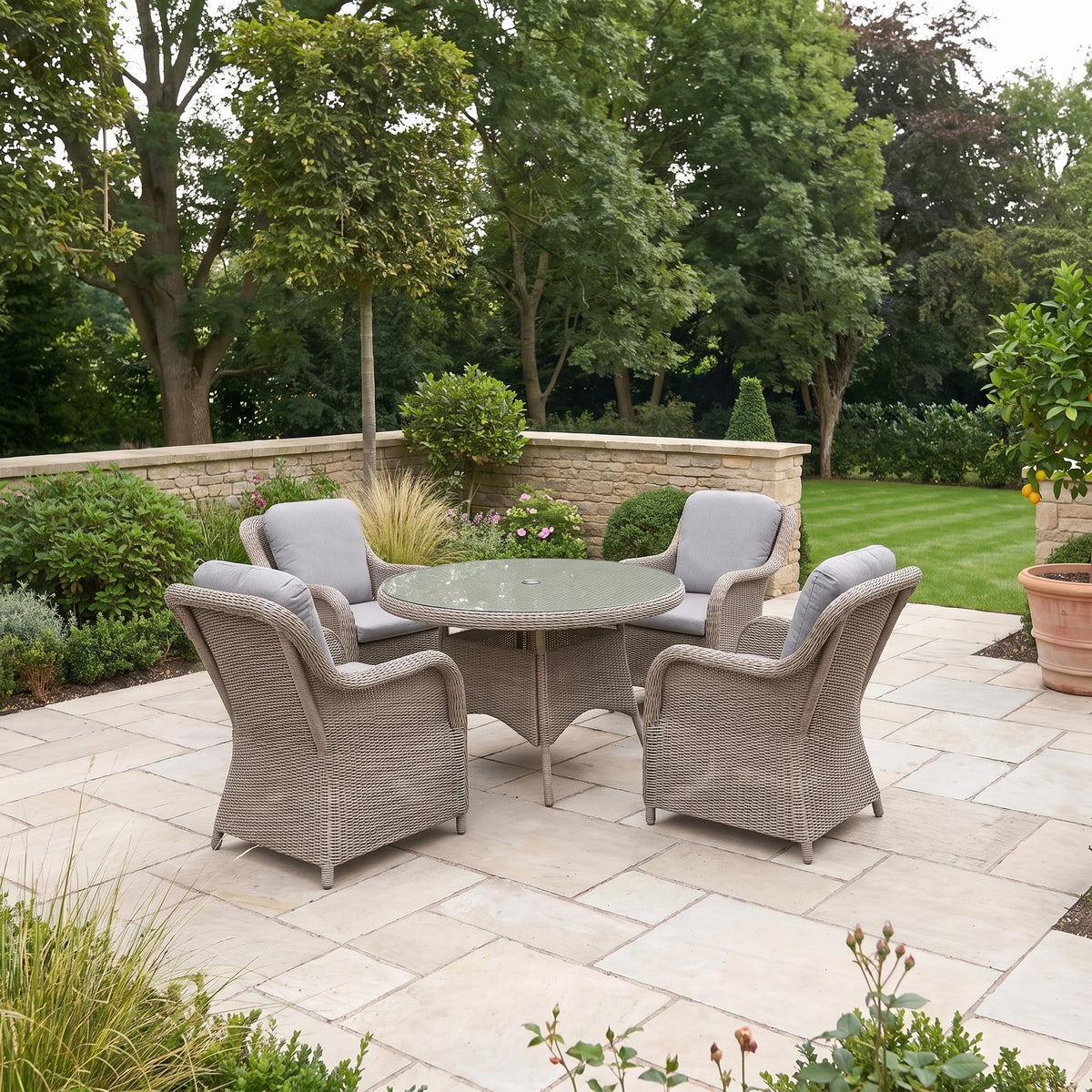 a patio with a table and chairs