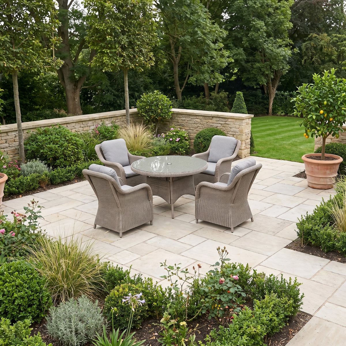 a patio with a table and chairs