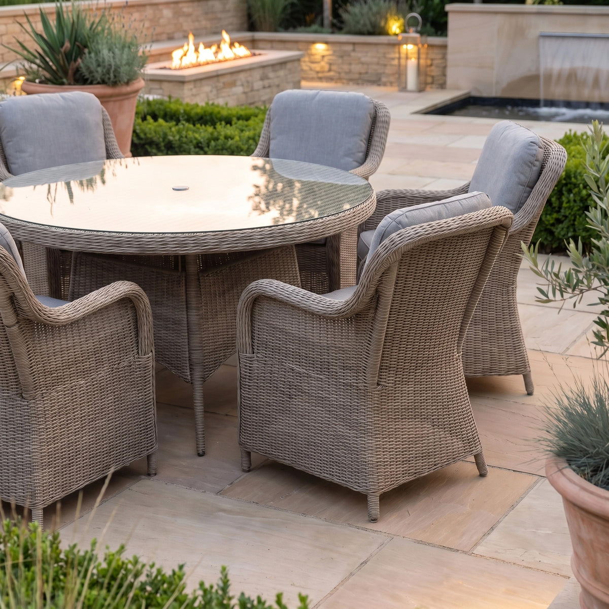 a table and chairs on a patio