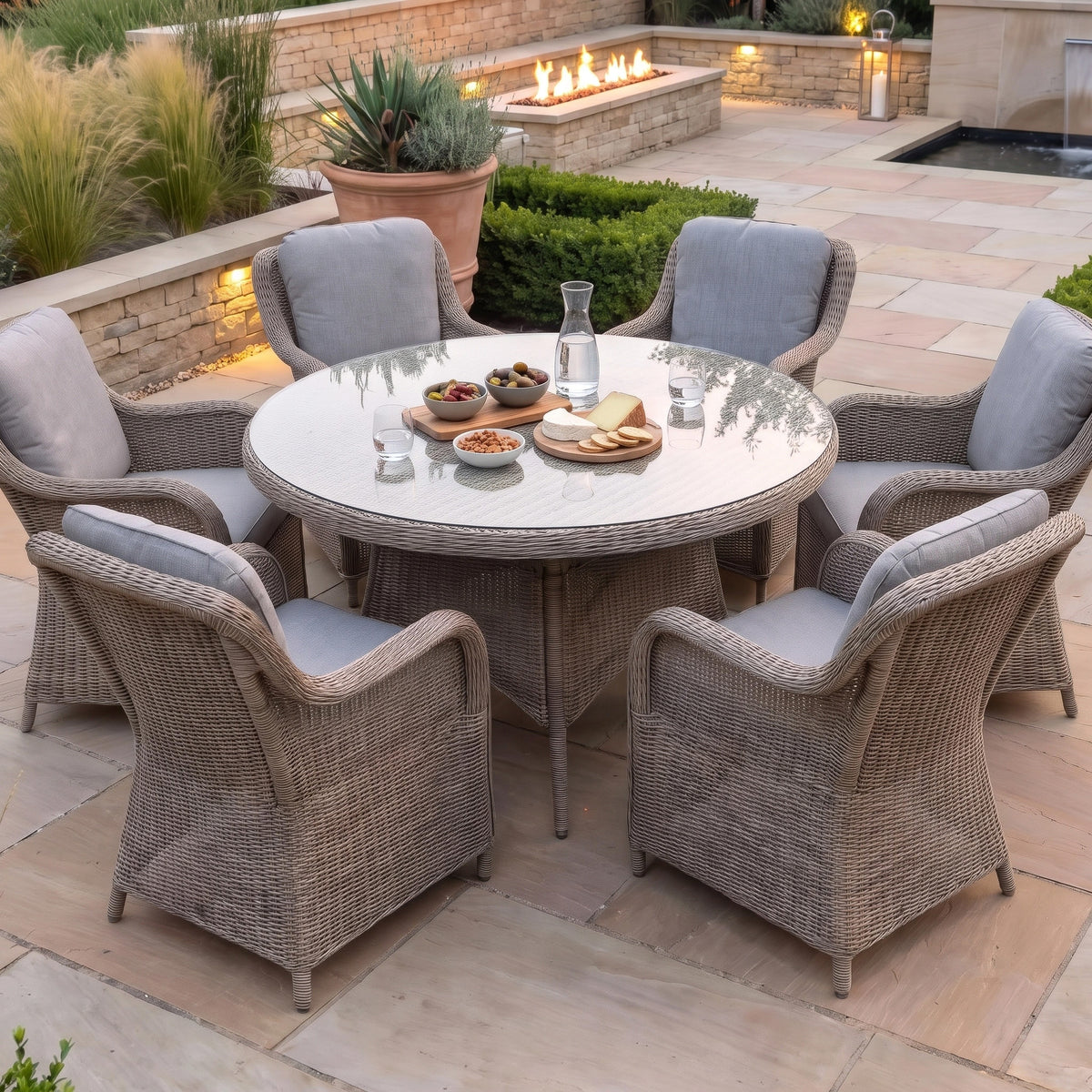 a table and chairs on a patio