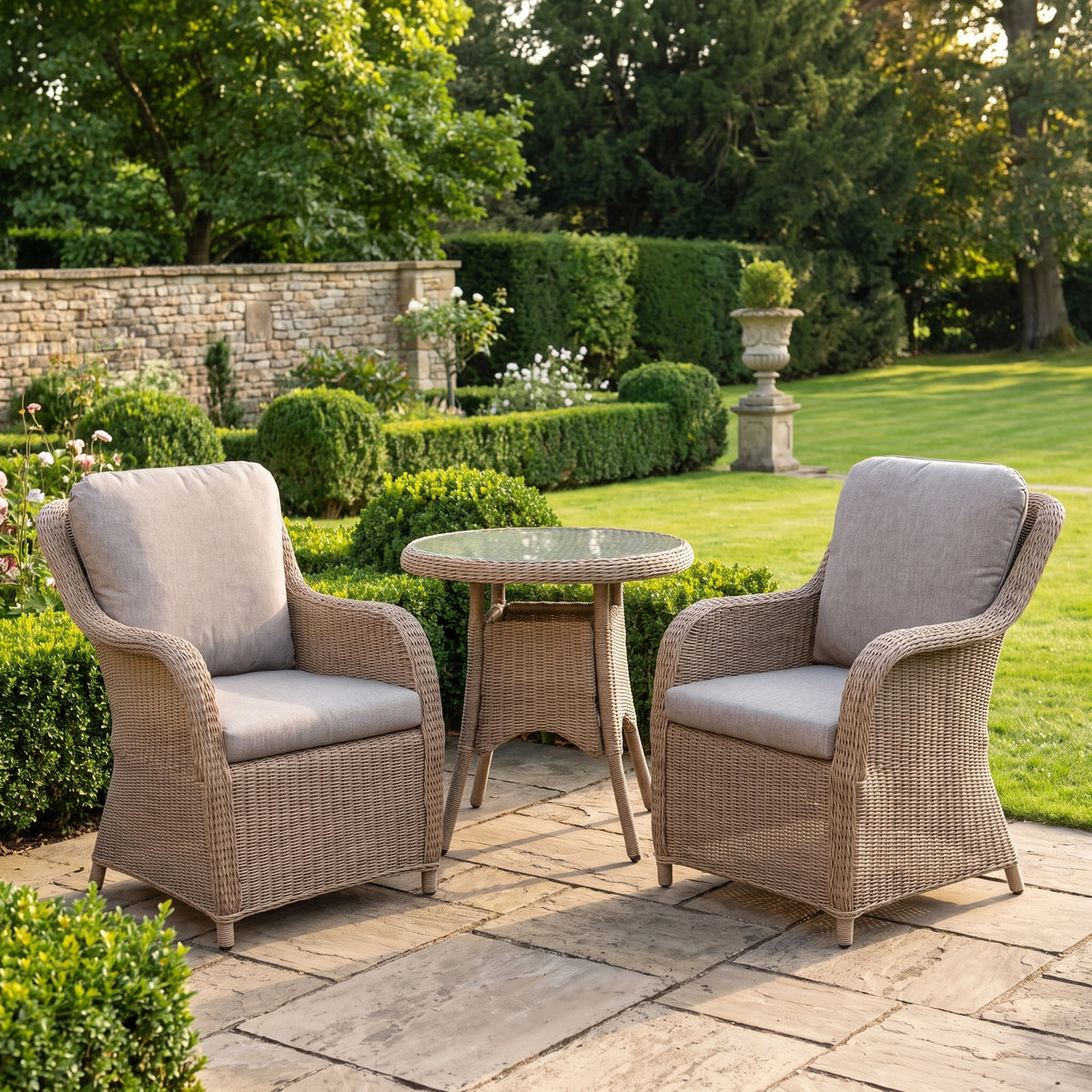 a patio with chairs and a table