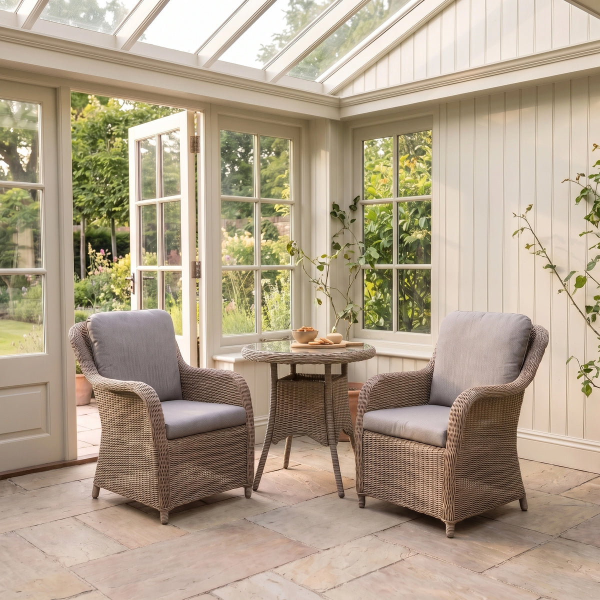 a patio with chairs and a table