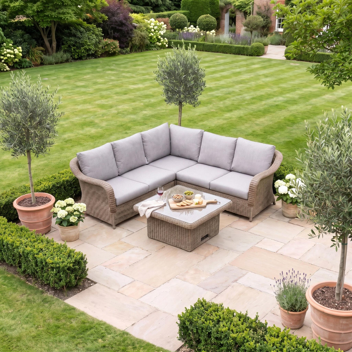 a patio area with a table and chairs