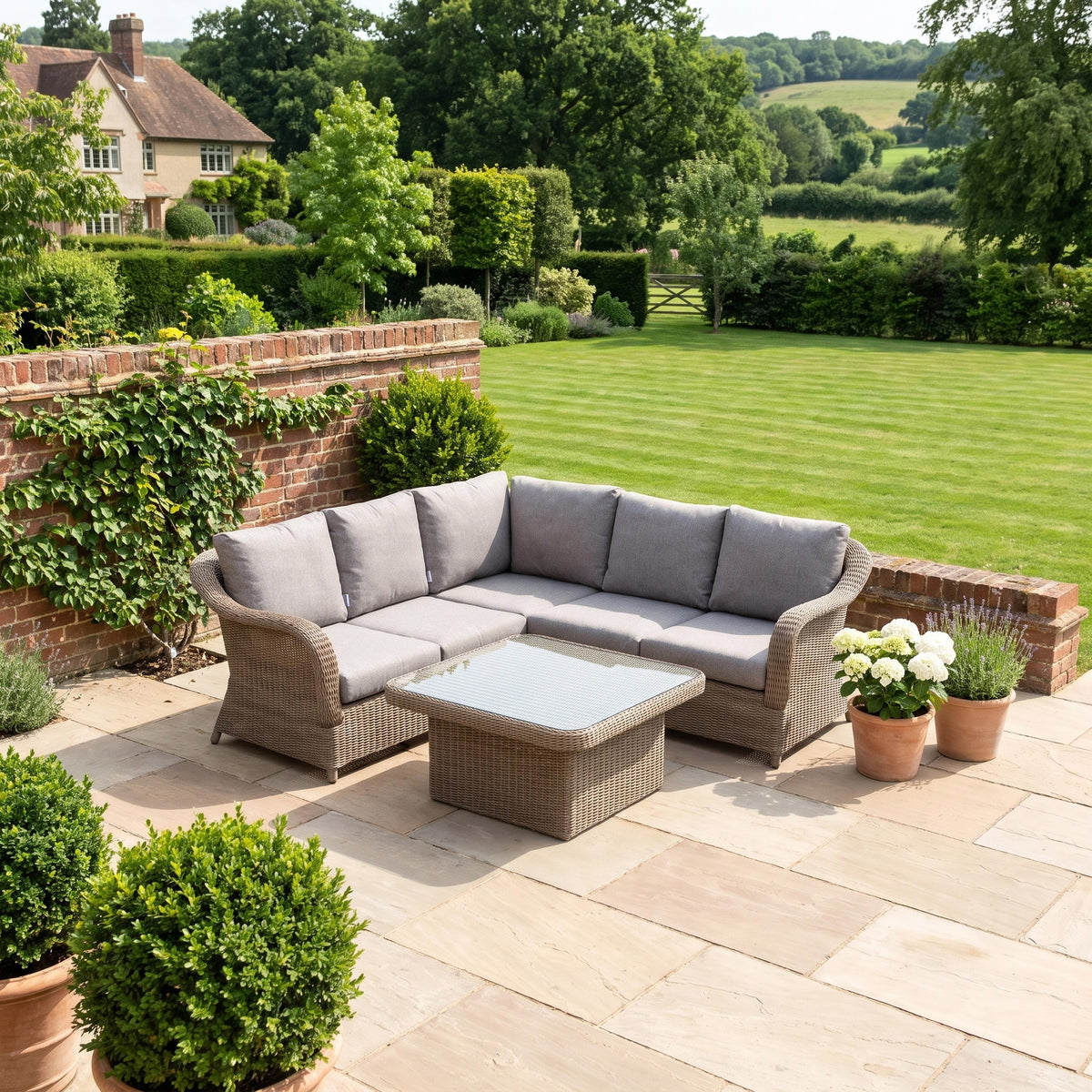 a patio with a couch and a table