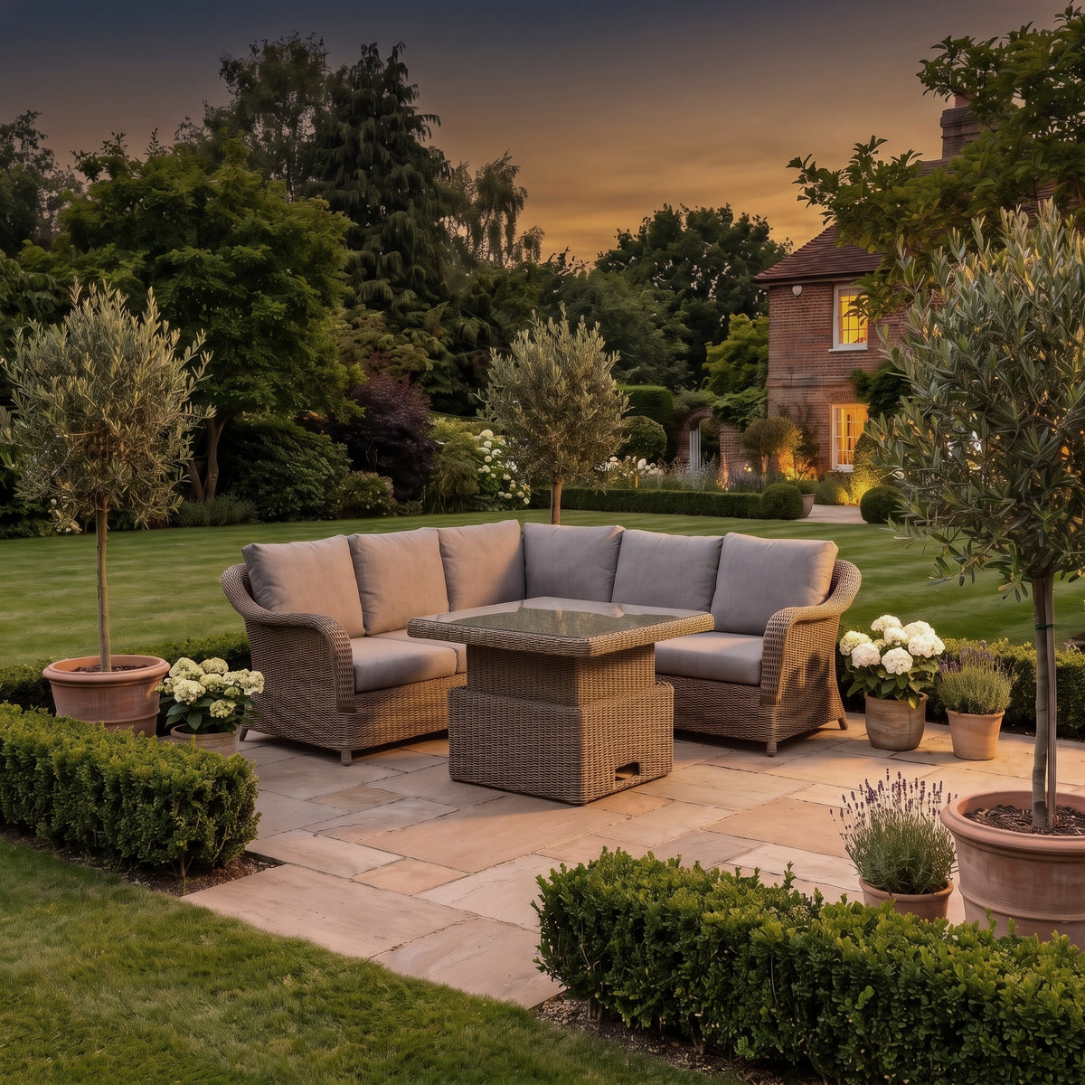 a patio with a table and chairs