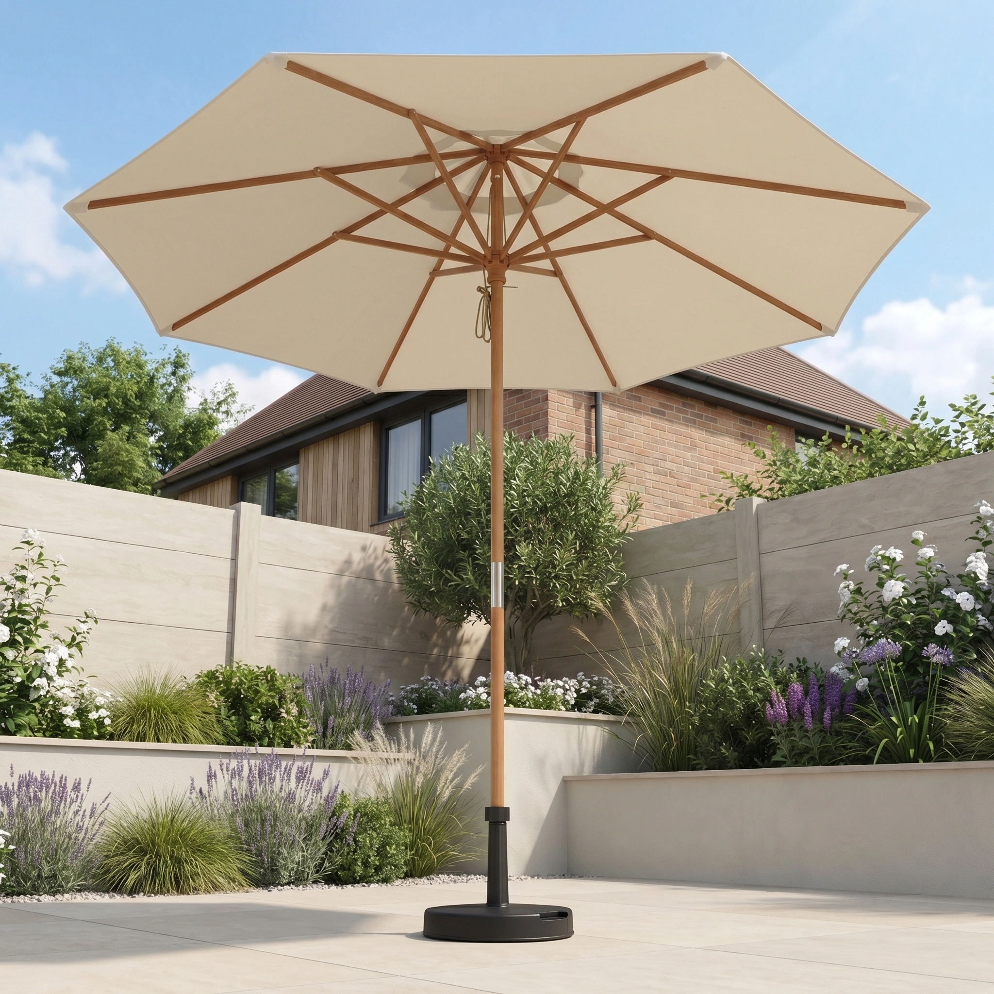 The Kratos 2.5m Round Wooden Parasol in Beige stands in a landscaped backyard with flowers, plants, and a modern house, offering UV 50+ sun protection.