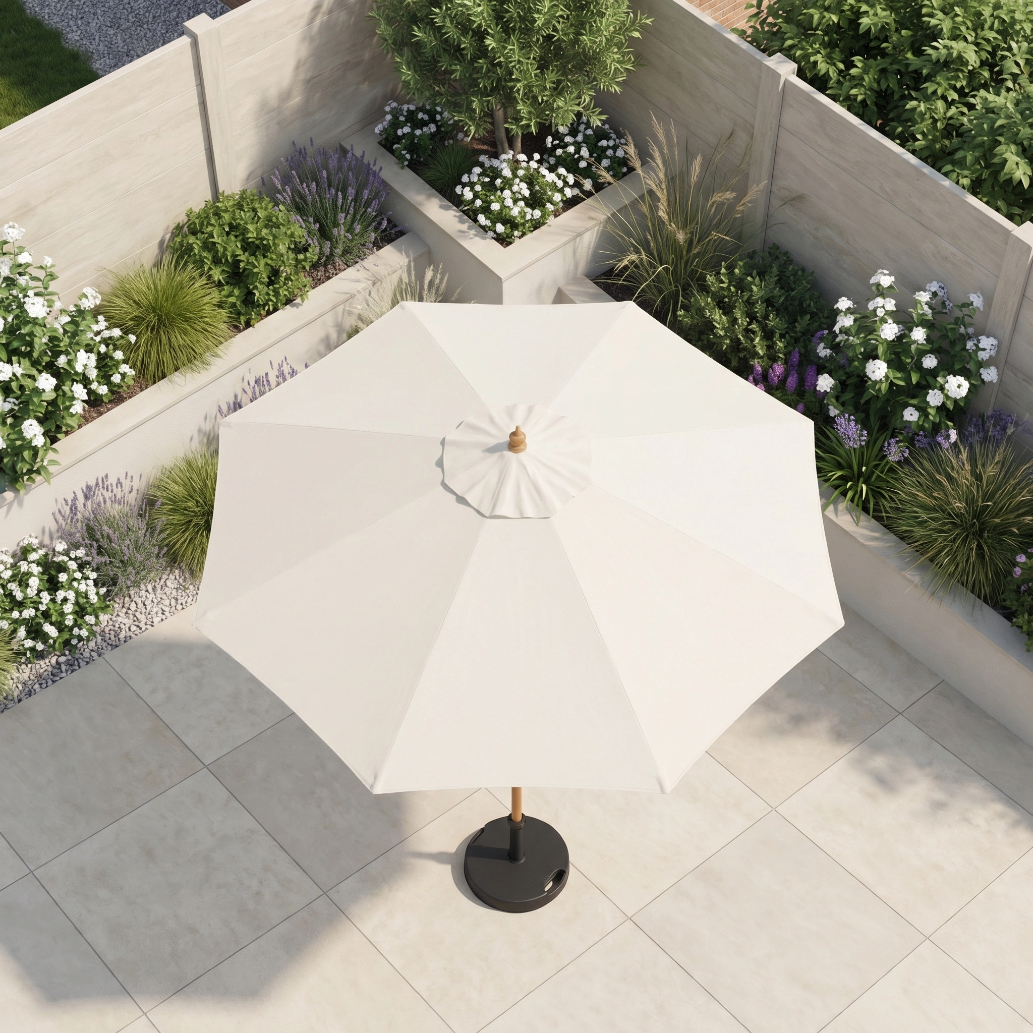 The Kratos 2.5m Round Wooden Parasol in Beige stands on tiled garden flooring among green plants and white flowers, offering elegant sun protection with UV 50+ rating.