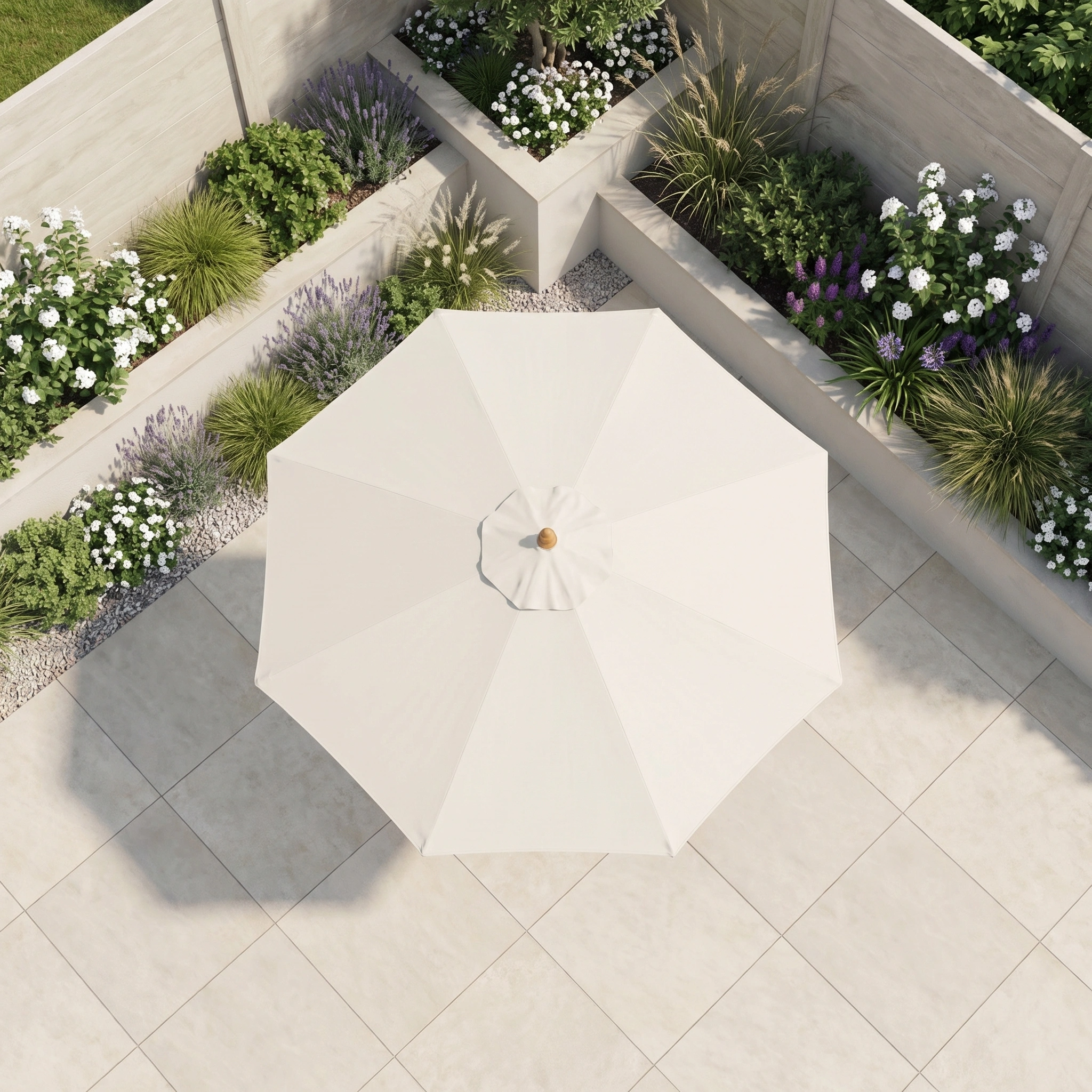 The Kratos 2.5m Round Wooden Parasol in Beige with UV 50+ protection stands on a tiled terrace, surrounded by raised garden beds filled with green plants and white flowers.
