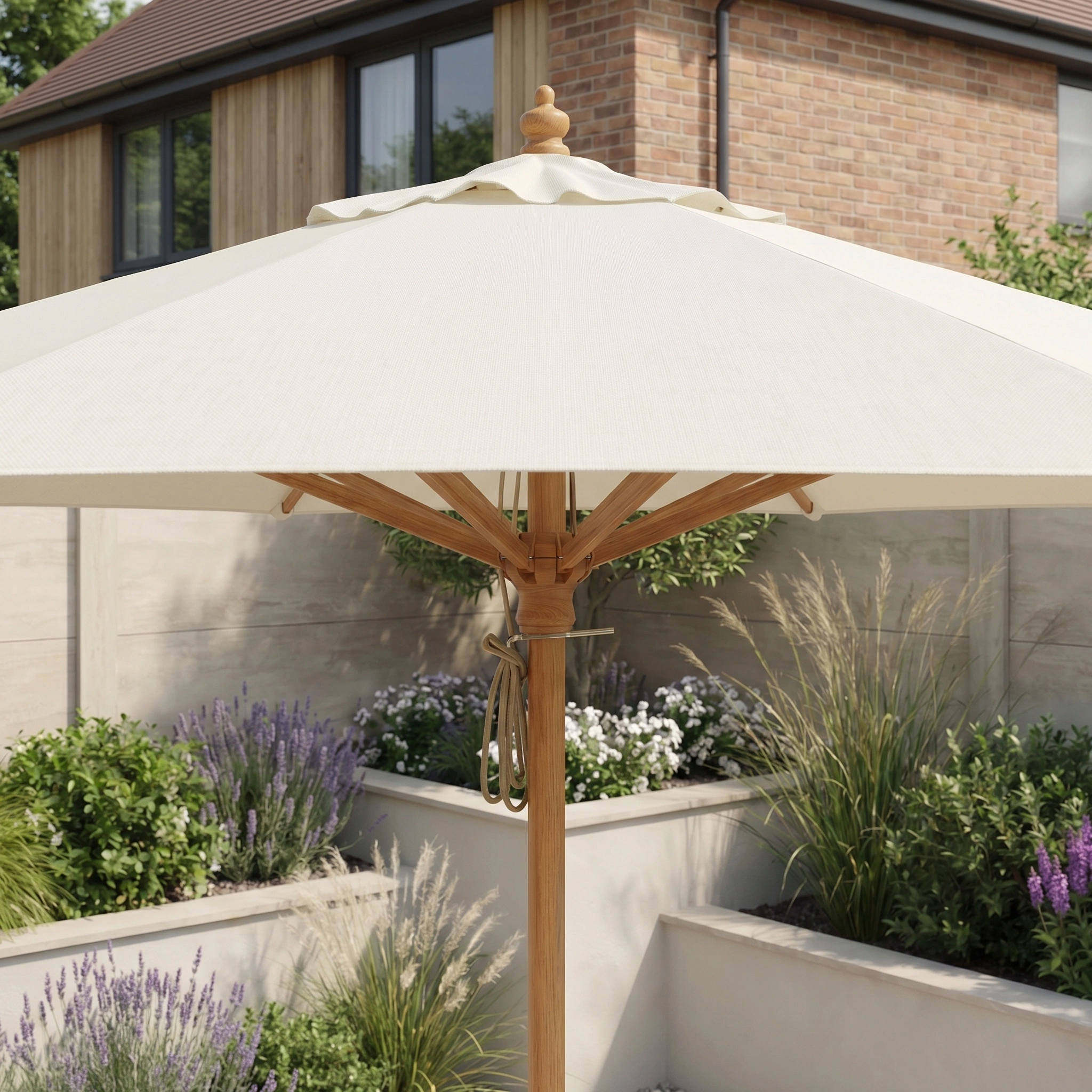 The Kratos 2.5m Round Wooden Parasol in Beige provides stylish UV protection while shading a garden with flowers and shrubs in front of a modern brick house—perfect for relaxing outdoors.