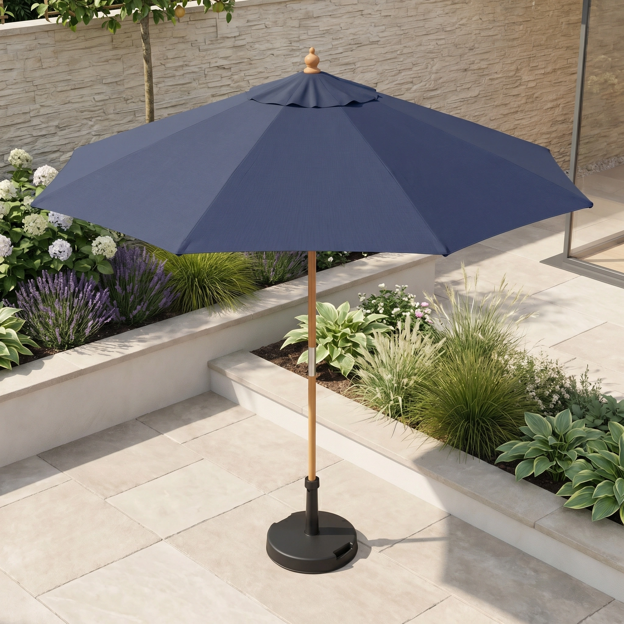 The Kratos 2.5m Round Wooden Parasol in Navy stands on a tiled terrace amid green and flowering plants, offering UV protection for outdoor relaxation.