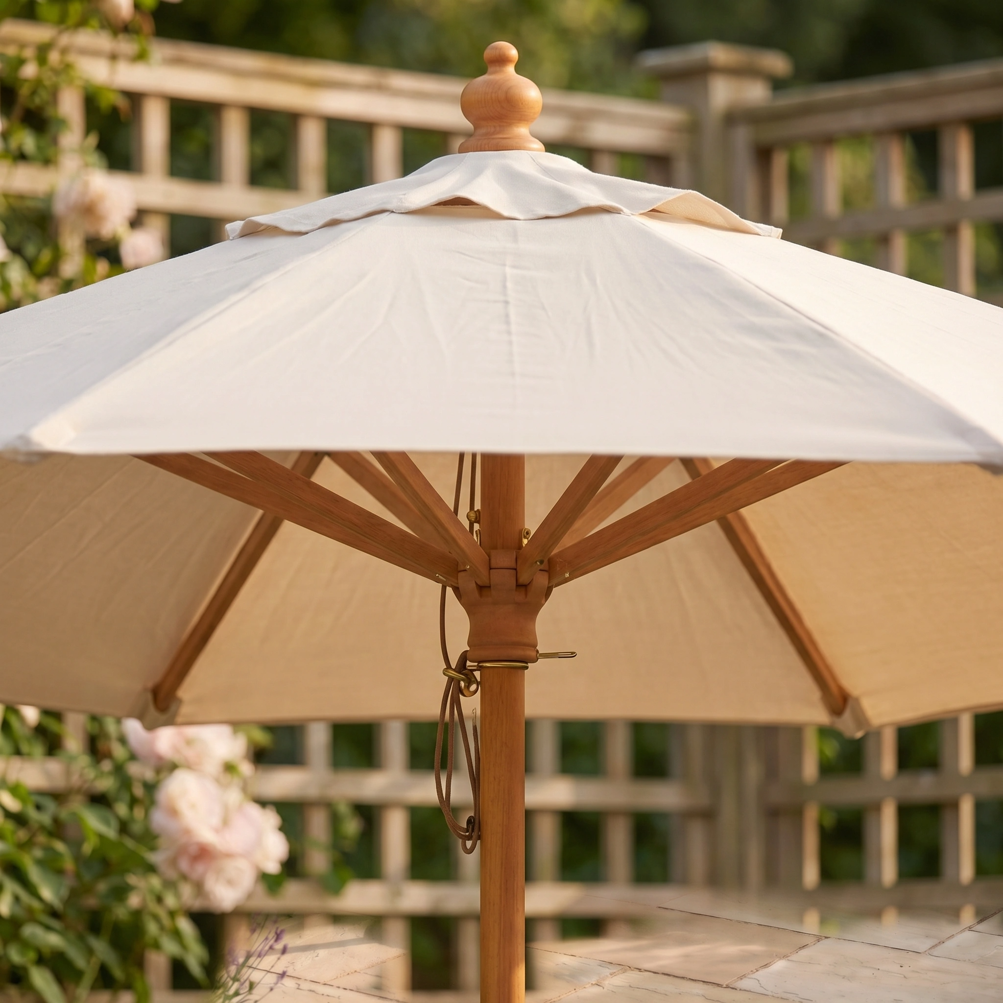 The Kratos 2m Round Wooden Parasol in Beige with UV 50+ protection stands in a flower-filled garden, backed by a wooden fence.