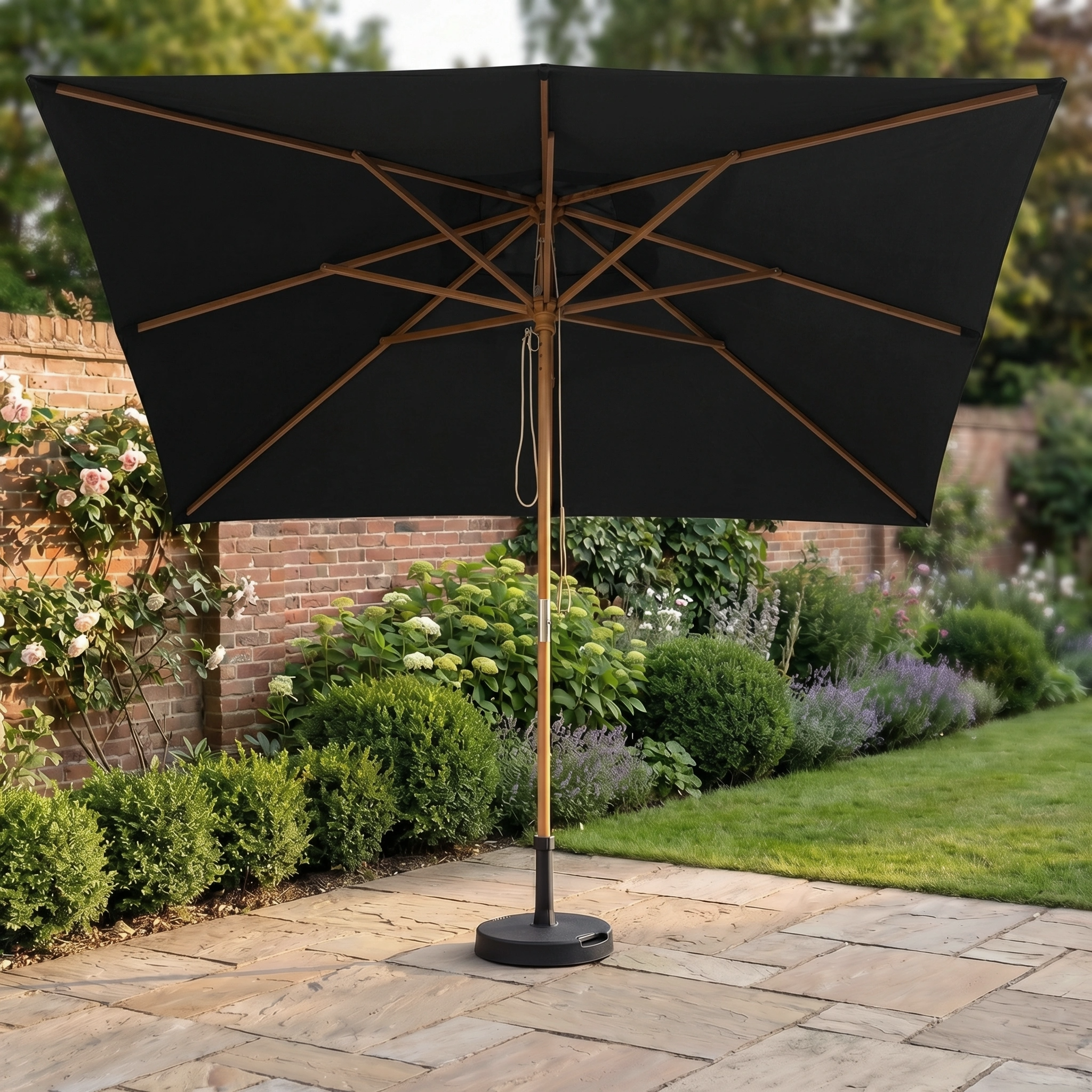 The Kratos 3m x 2m Rectangular Wooden Parasol in Black stands on a stone patio surrounded by garden bushes and flowers, providing stylish UV50+ sun protection.