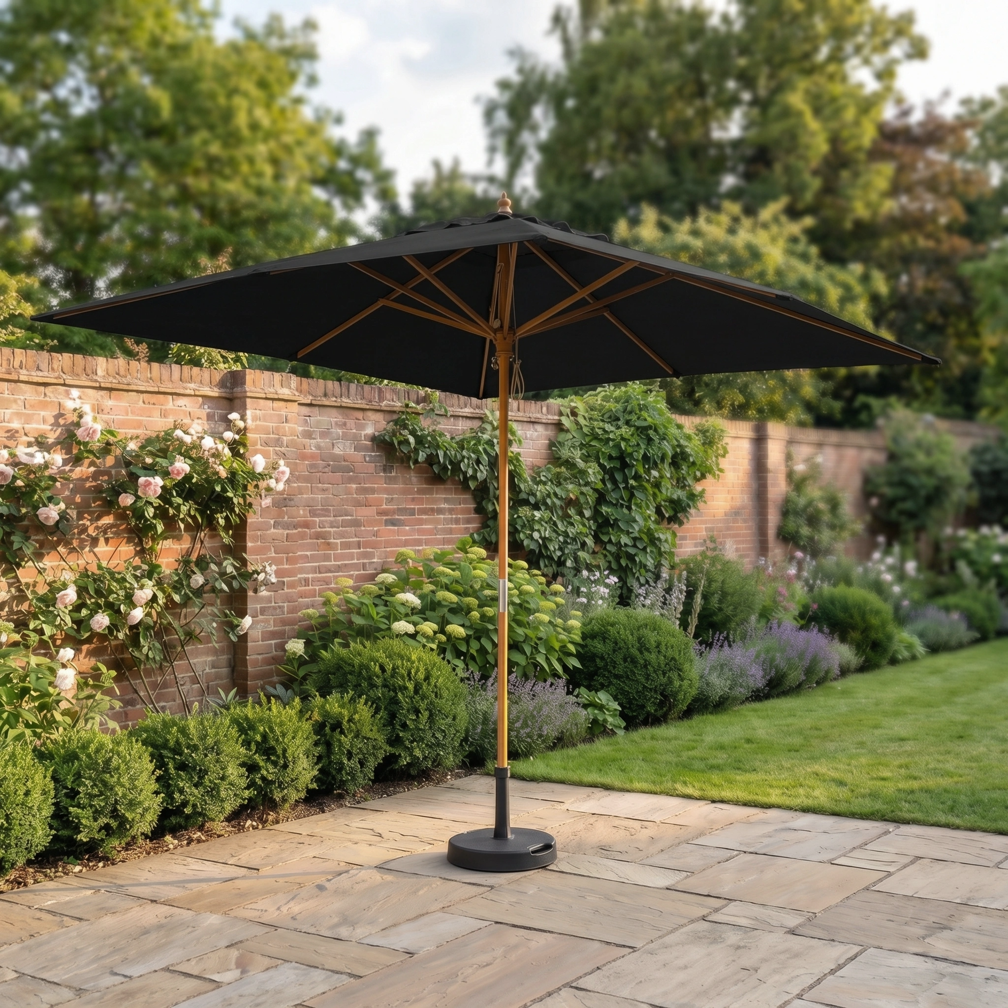 The Kratos 3m x 2m Rectangular Wooden Parasol in Black, featuring a UV 50+ sun protection rating, is open on a stone terrace surrounded by green bushes and blooming garden flowers.