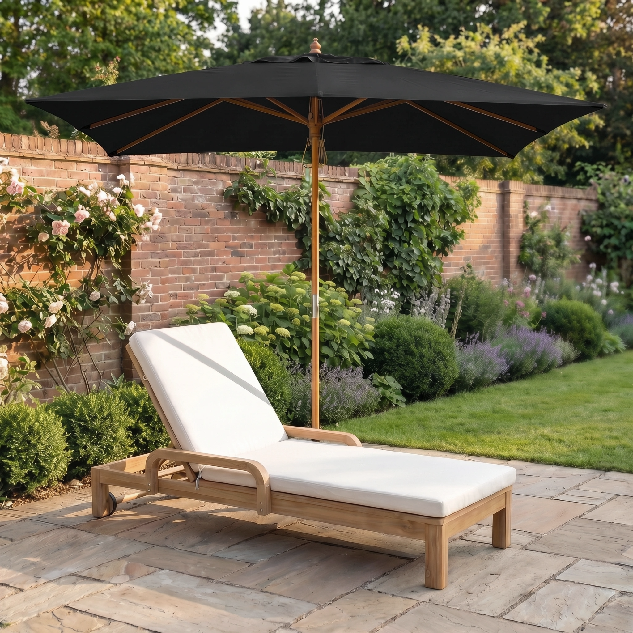 A wooden lounge chair with a white cushion sits under the Kratos 3m x 2m Rectangular Wooden Parasol in Black (UV 50+) on a stone patio in a garden.