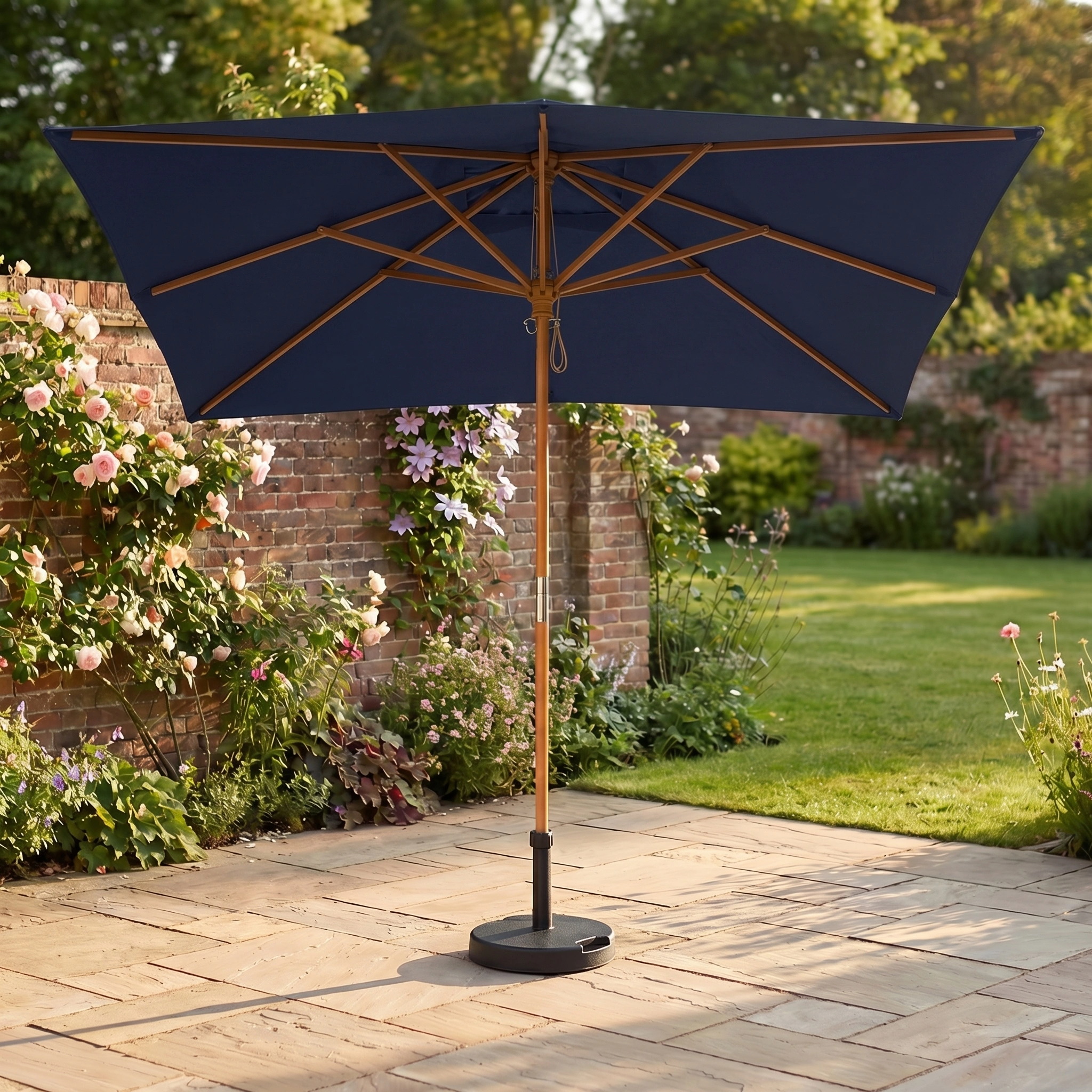 The Kratos 3m x 2m Rectangular Wooden Parasol in Navy offers stylish sun protection on a stone patio, beautifully framed by vibrant flowers and lush greenery.