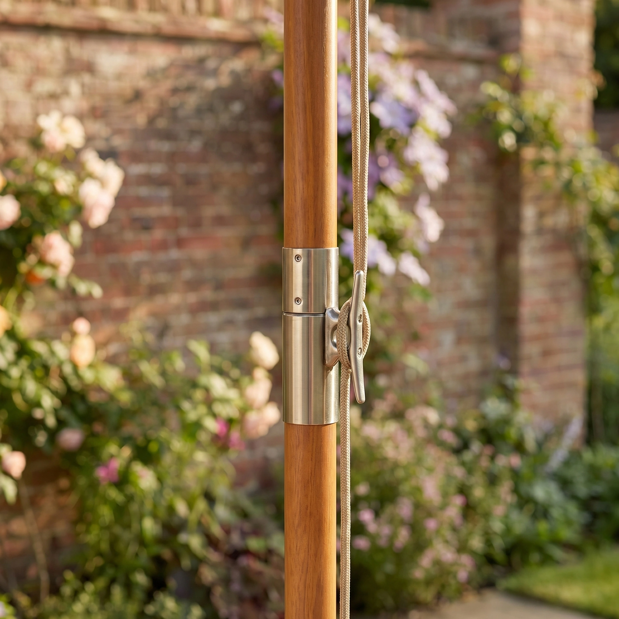 Close-up of the Kratos 3m x 2m Rectangular Wooden Parasol in Navy, featuring a metal crank—perfect as a sunshade for your dining table—with flowers and a brick wall in the background.