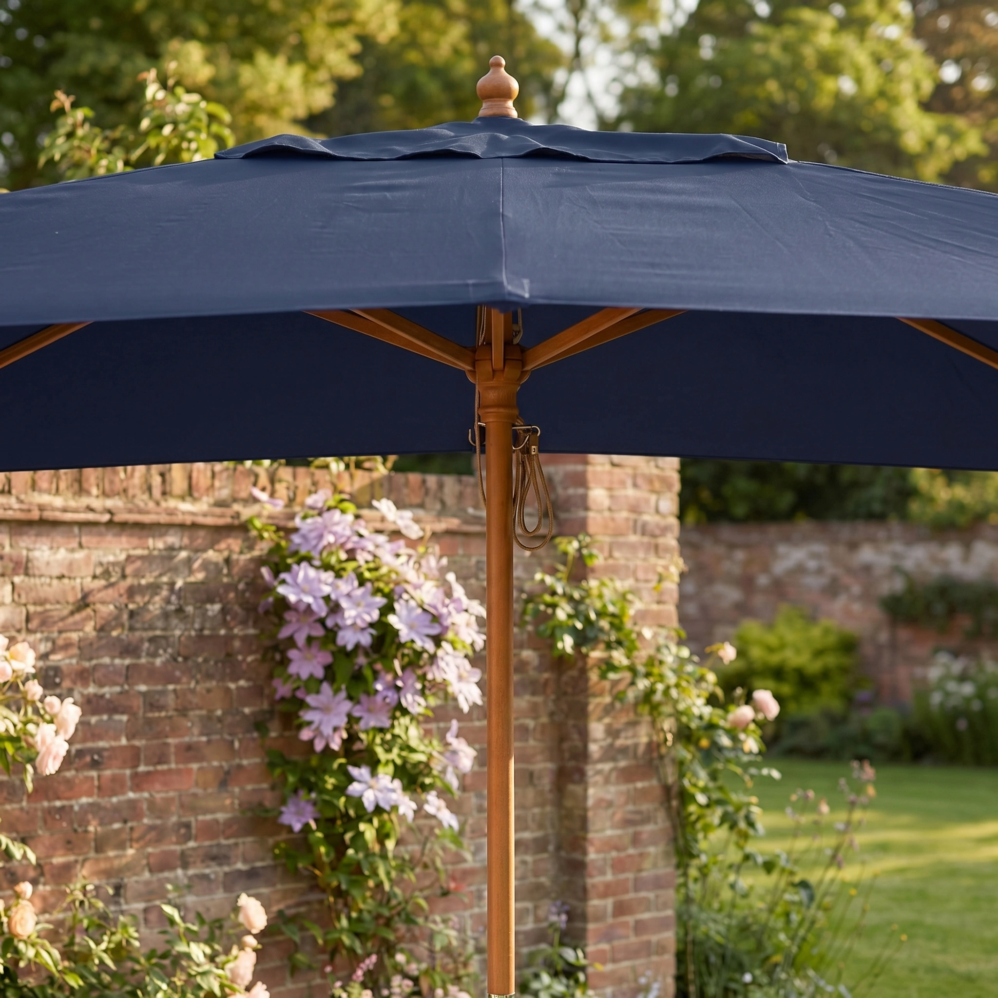 The Kratos 3m x 2m Rectangular Wooden Parasol in Navy provides stylish sun protection for your garden, complementing blooming flowers and a brick wall backdrop.