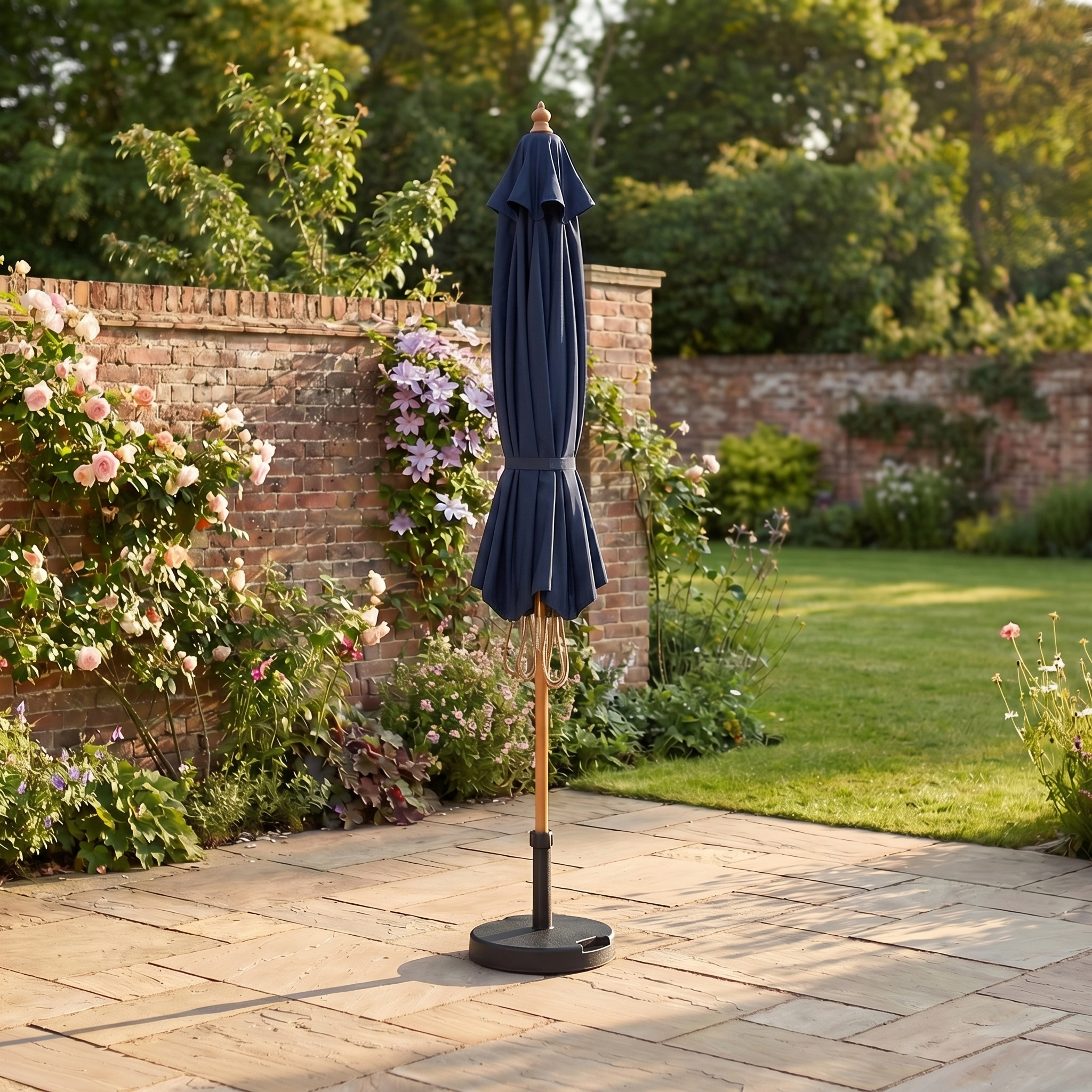 A Kratos 3m x 2m Rectangular Wooden Parasol in Navy stands closed on a stone patio in a sunny garden with brick walls and blooming flowers.