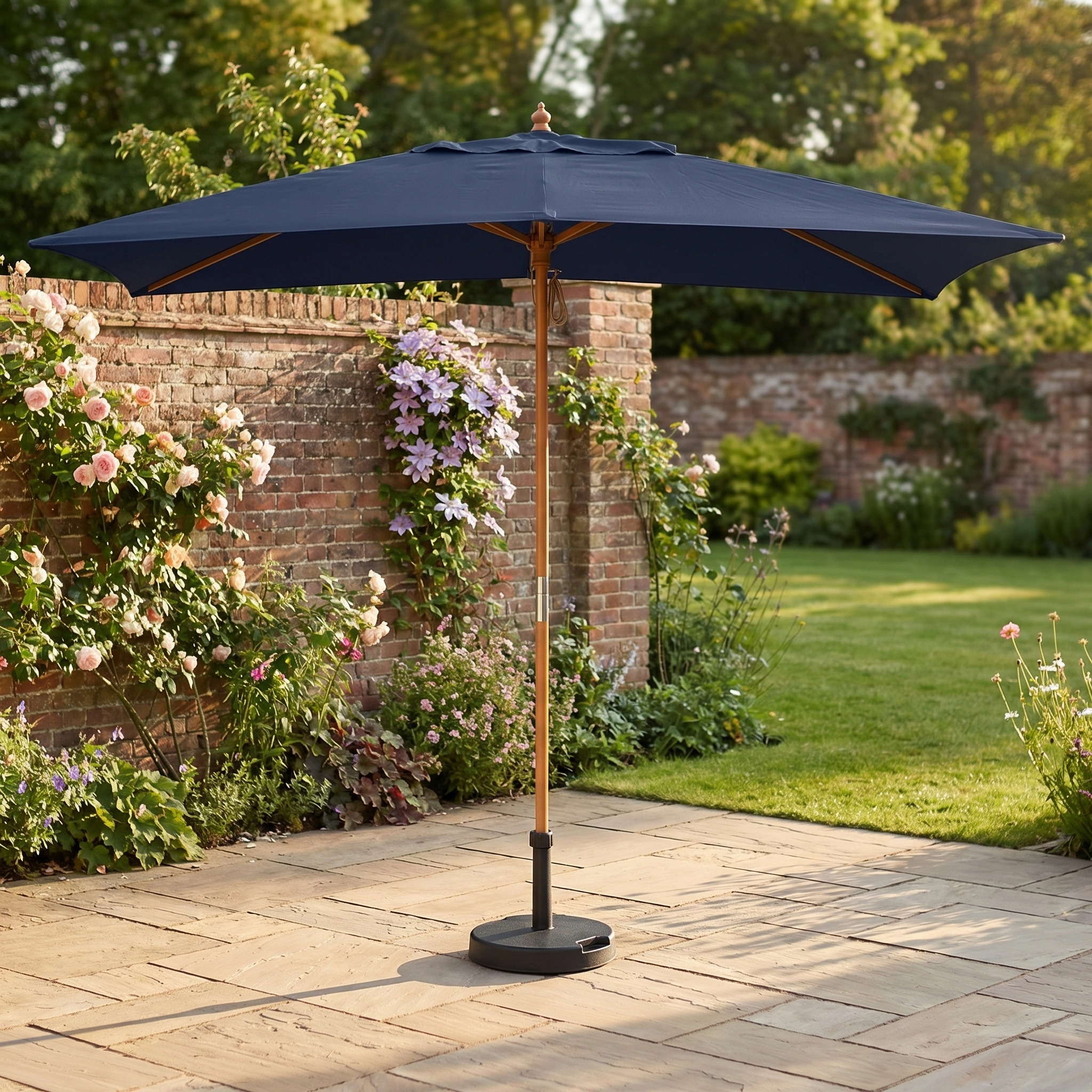 The Kratos 3m x 2m Rectangular Wooden Parasol in Navy provides stylish shade and comfort on a stone patio beside a garden with brick walls and blooming flowers, perfect for relaxing outdoors.