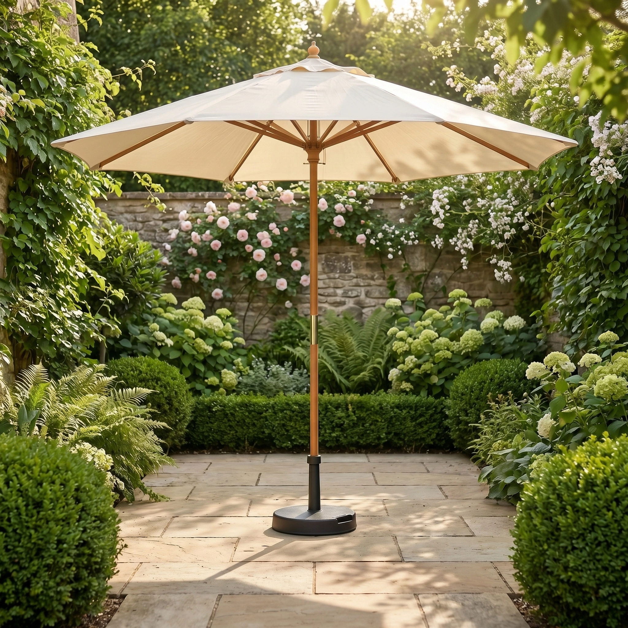 The Kratos 3m Round Wooden Parasol in Beige stands on a stone terrace, providing UV protection amid lush greenery and blooming flowers.
