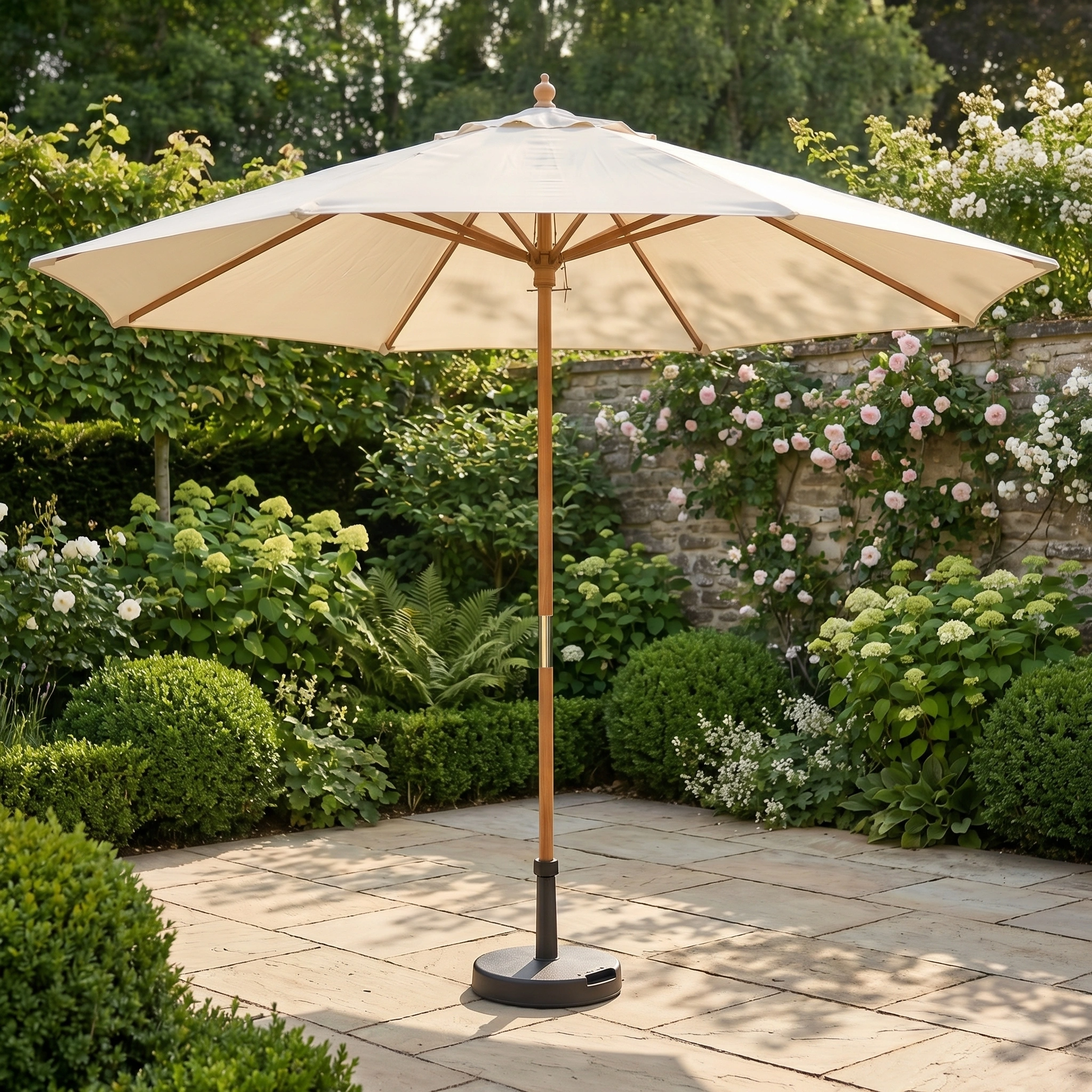 The Kratos 3m Round Wooden Parasol in Beige stands on a stone terrace amid lush greenery and blooming flowers, adding elegance and shade.