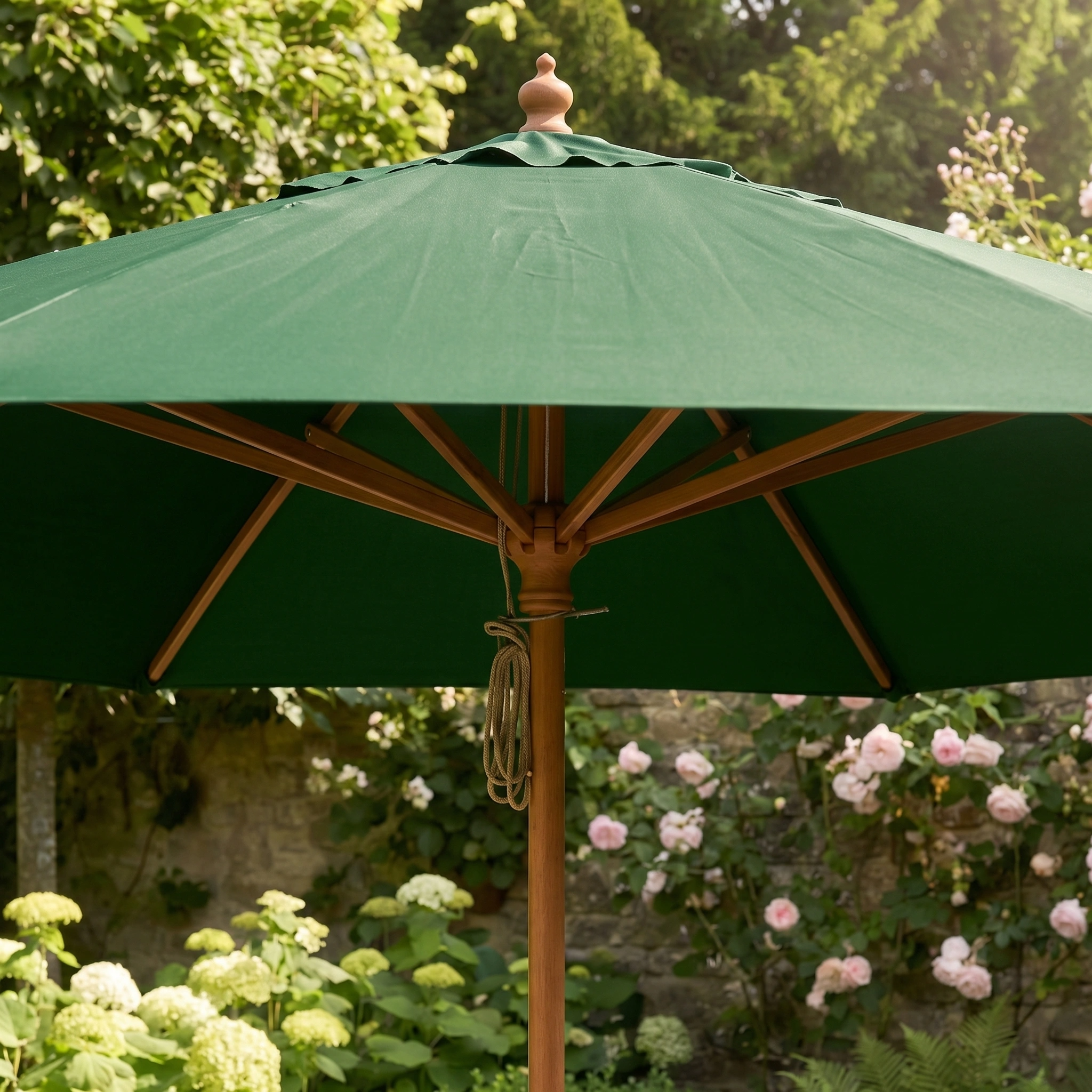 The Kratos 3m Round Wooden Parasol in Green, offering UV protection, stands tall among blooming flowers and lush greenery in a sunny garden.
