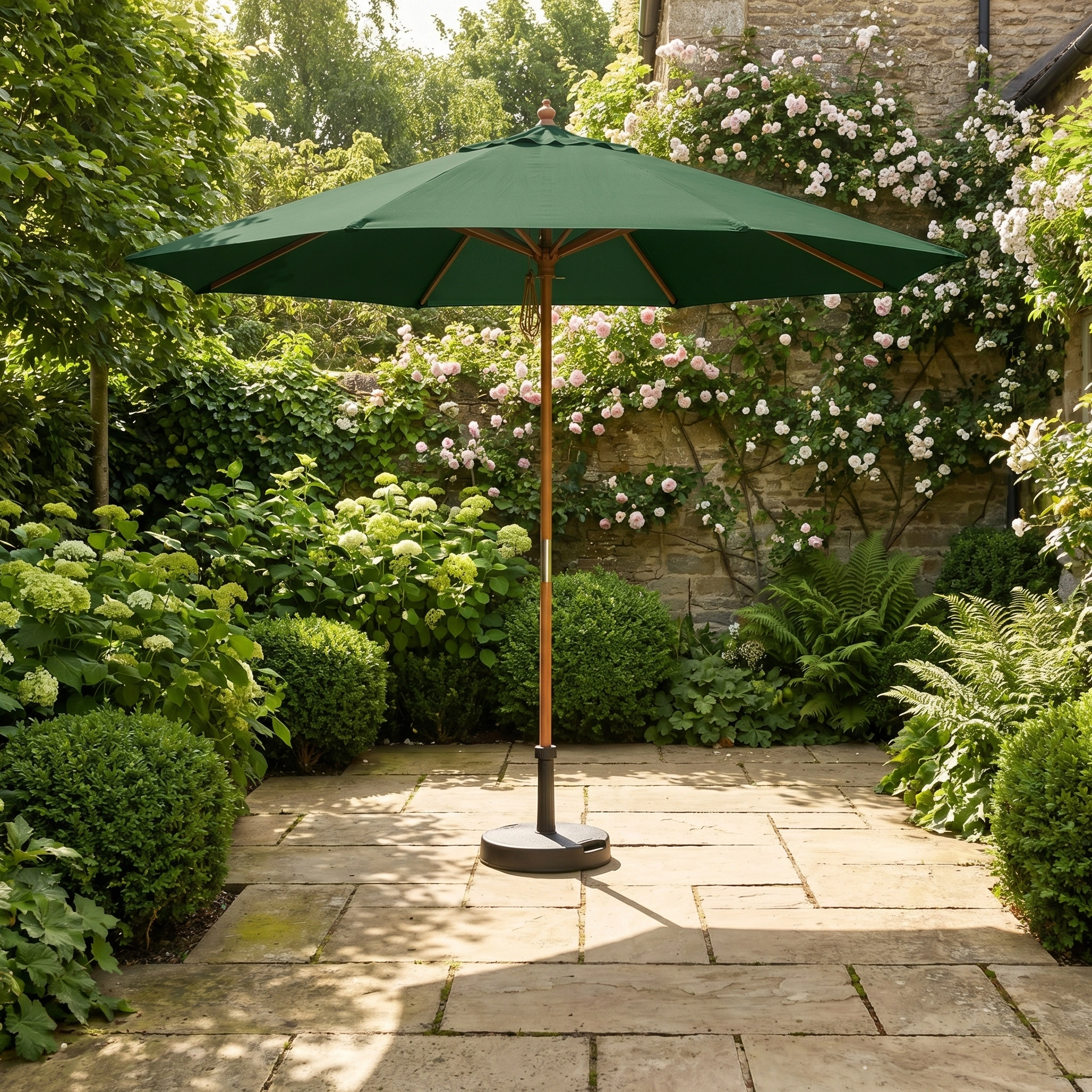 The Kratos 3m Round Wooden Parasol in Green with UV protection stands on a stone terrace, surrounded by lush plants and blooming flowers.