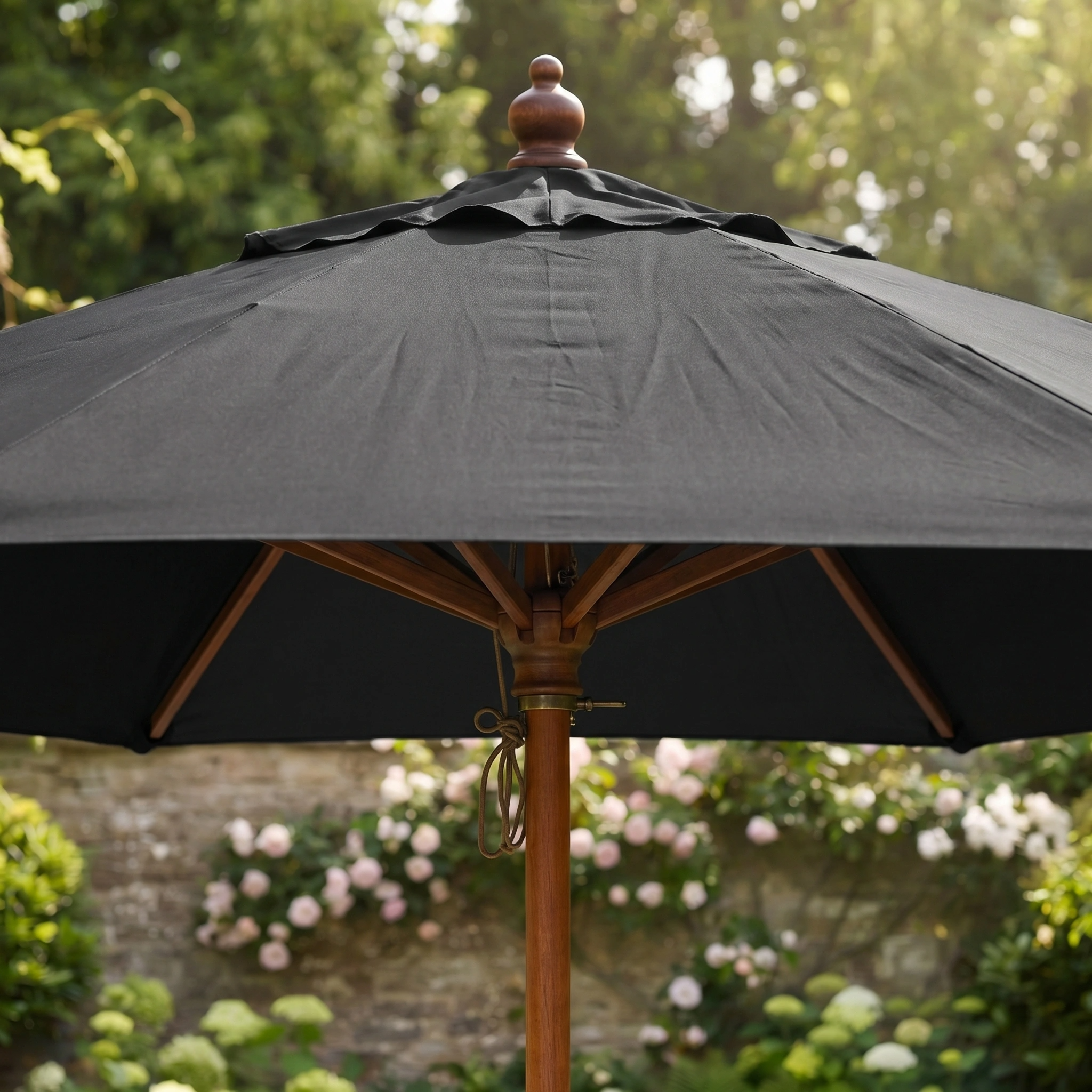 The Kratos 2m Round Wooden Parasol in Black stands in a sunny garden among green plants and blooming flowers, providing stylish shade and UV protection.